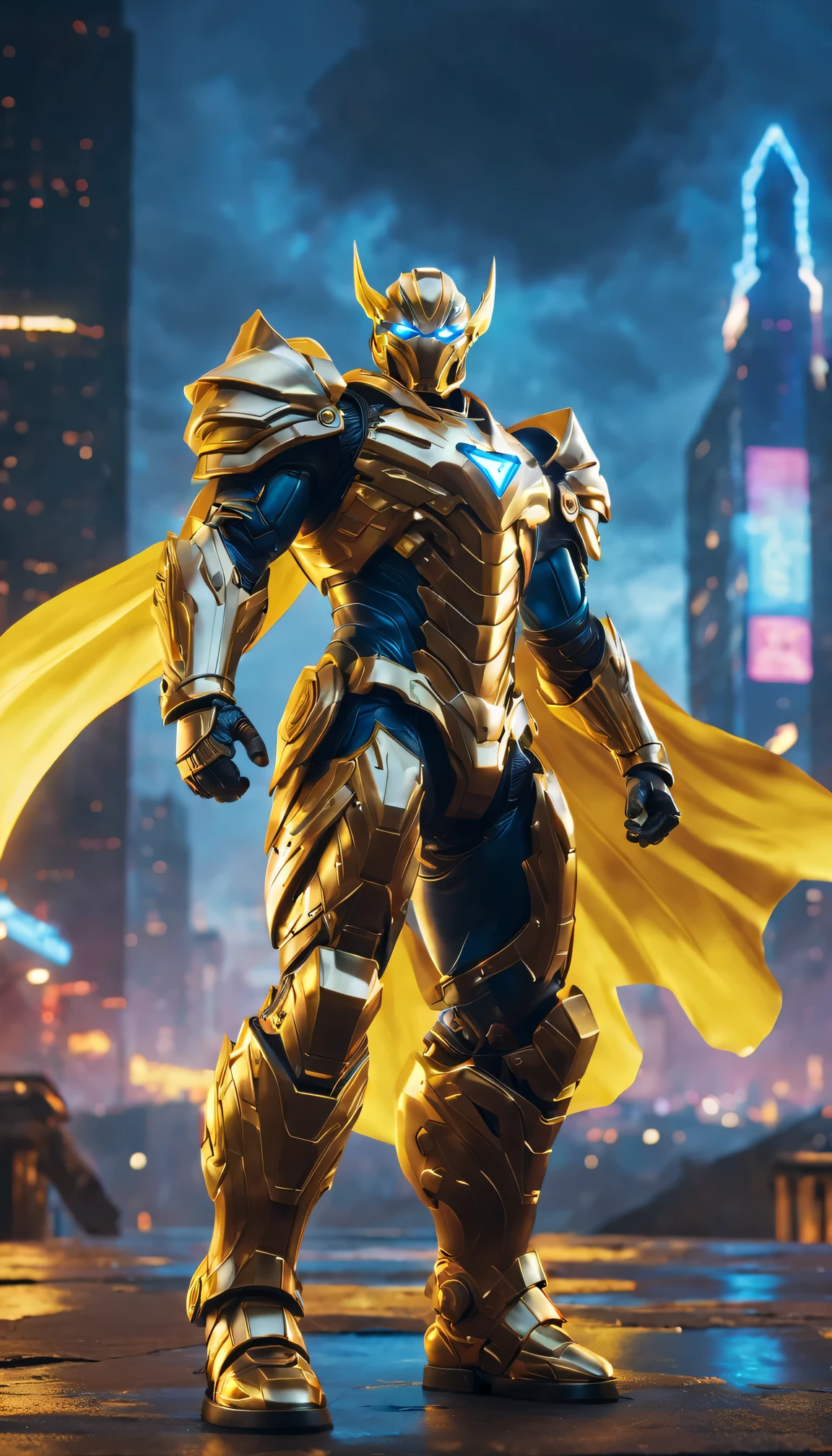 （best quality，4K，masterpiece：1.2），Super fine，lifelike，Physically based rendering，main，bright colors，Defocused，Mechanical Warrior，metall armour，Golden cloak，The surface is smooth and shiny，detailed facial features，bright glowing eyes，Combat-ready pose，Stormy and dramatic background，Heroic and powerful aura，majestic，Lightning shoots out of hands、Chung、Sparkling mechanical wings、complex mechanical component、city View、skyscraper、night environment、neon lights、Blue and gold color scheme、cosmic energy rotation、adrenaline fueled action、Technological progress、A confident and determined expression。