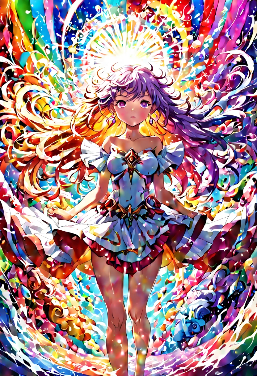 1girl, A magical girl standing victorious over a defeated fantastical enemy, surrounded by a rainbow of magical energies swirling around her in rich varied colors. Dynamic, brightly lit manga panel artwork, (masterpiece), (best quality), (ultra-detailed), illustration, disheveled hair, perfect composition, moist skin, intricate details, earrings