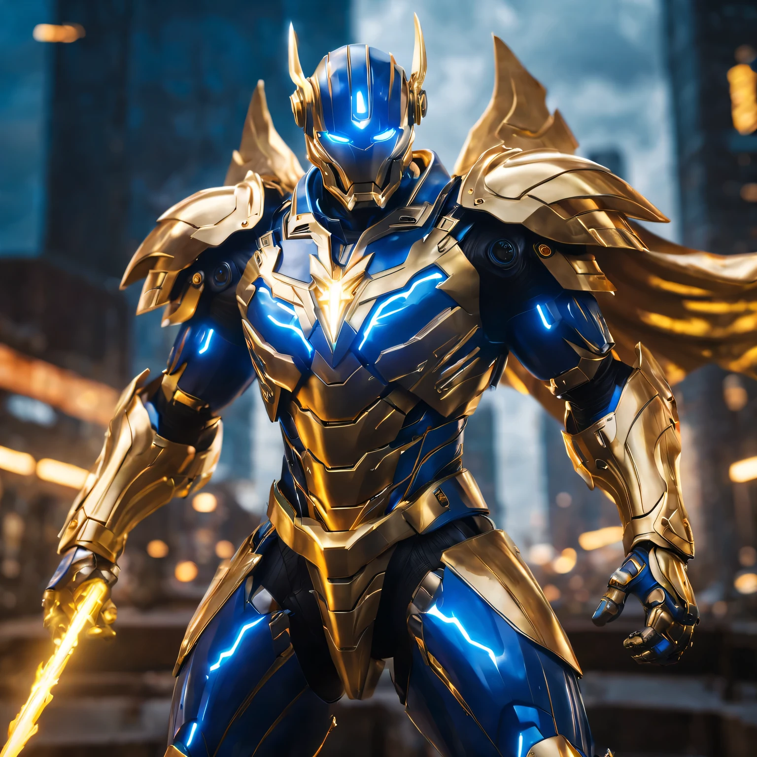 （best quality，4K，masterpiece：1.2），Super fine，lifelike，Physically based rendering，main，bright colors，Defocused，Mechanical Warrior，metall armour，Golden cloak，The surface is smooth and shiny，detailed facial features，bright glowing eyes，Combat-ready pose，Stormy and dramatic background，Heroic and powerful aura，majestic，Lightning shoots out of hands、Chung、Sparkling mechanical wings、complex mechanical component、city View、skyscraper、night environment、neon lights、Blue and gold color scheme、cosmic energy rotation、adrenaline fueled action、Technological progress、A confident and determined expression。