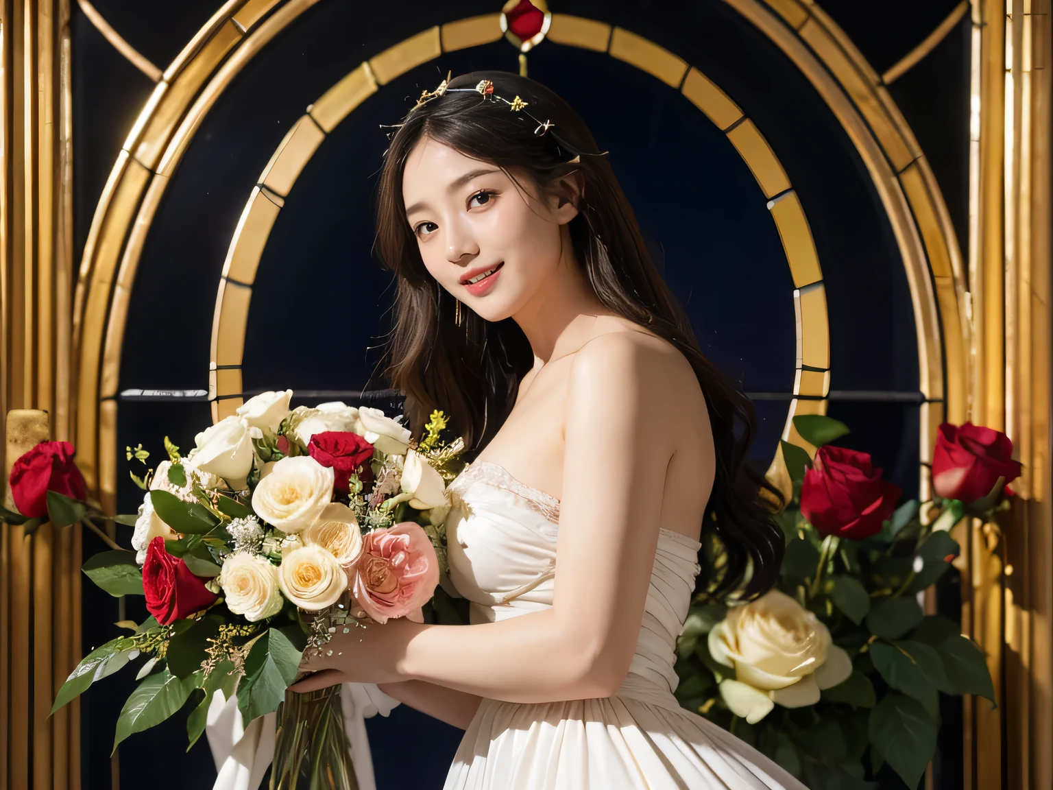 full body portrait or statue、Stained glass、Vigée Leblanc style、math、astronomical machine、astronaut、roses in vase、fruit、Cute trinkets、smile、ancient greek costume、Sandro Botticelli paintings、Costume that stretches your shoulders、A big smile、expression of ecstasy、sexy、beautiful bare skin、Detailed representation of the seducing woman throughout the body
