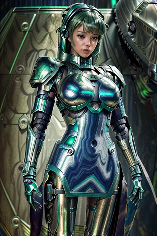 Masterpiece, Female Mecha Warrior in front of space ships, green 
hair , (detailed color painted full-body armor:1.5), (detailed metallic outer skin:1.6), action_pose , fully coloring skin,giga_busty,