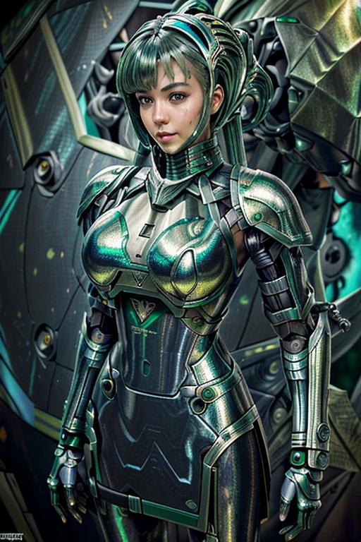 Masterpiece, Female Mecha Warrior in front of space ships, green 
hair , (detailed color painted full-body armor:1.5), (detailed metallic outer skin:1.6), action_pose , fully coloring skin,giga_busty,