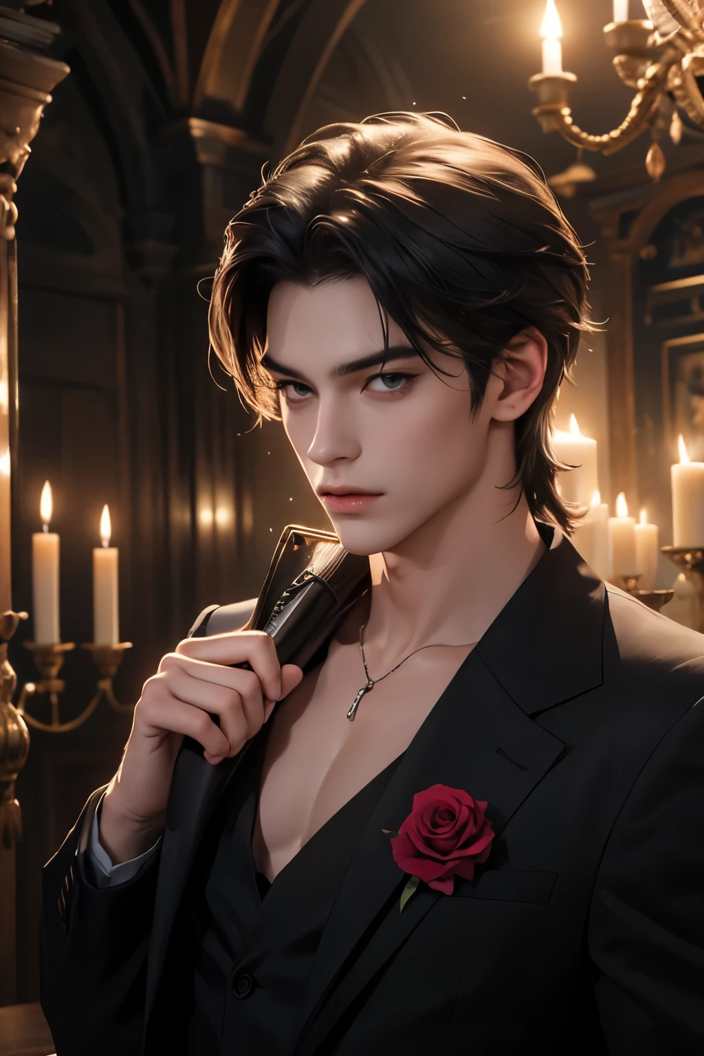 ((Best quality)), ((masterpiece)), (detailed), ((perfect face)), ((halfbody)) perfect proporcions, He is a handsome vampire, 18 years old, long golden hair, he poses sensually, he is naked, NSFW, there is a background of a dark gothic room with lit candles, he has a rose in his hand, he is in a room with roses, he is sexy ((perfect face))
