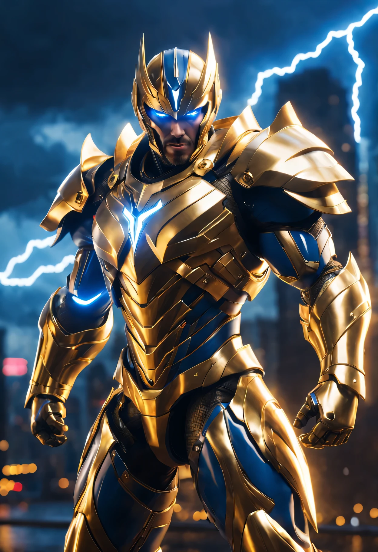 (best quality,4K,masterpiece:1.2),Super fine,lifelike,Physically based rendering,main,bright colors,Defocused,Mechanical Warrior,metall armour,Golden cloak,The surface is smooth and shiny,detailed facial features,bright glowing eyes,Combat-ready pose,Stormy and dramatic background,Heroic and powerful aura,majestic,(lightning)、Chung、complex mechanical component、city View、skyscraper、night environment、neon lights、Blue and gold color scheme、cosmic energy rotation、adrenaline fueled action、Technological progress、A confident and determined expression。