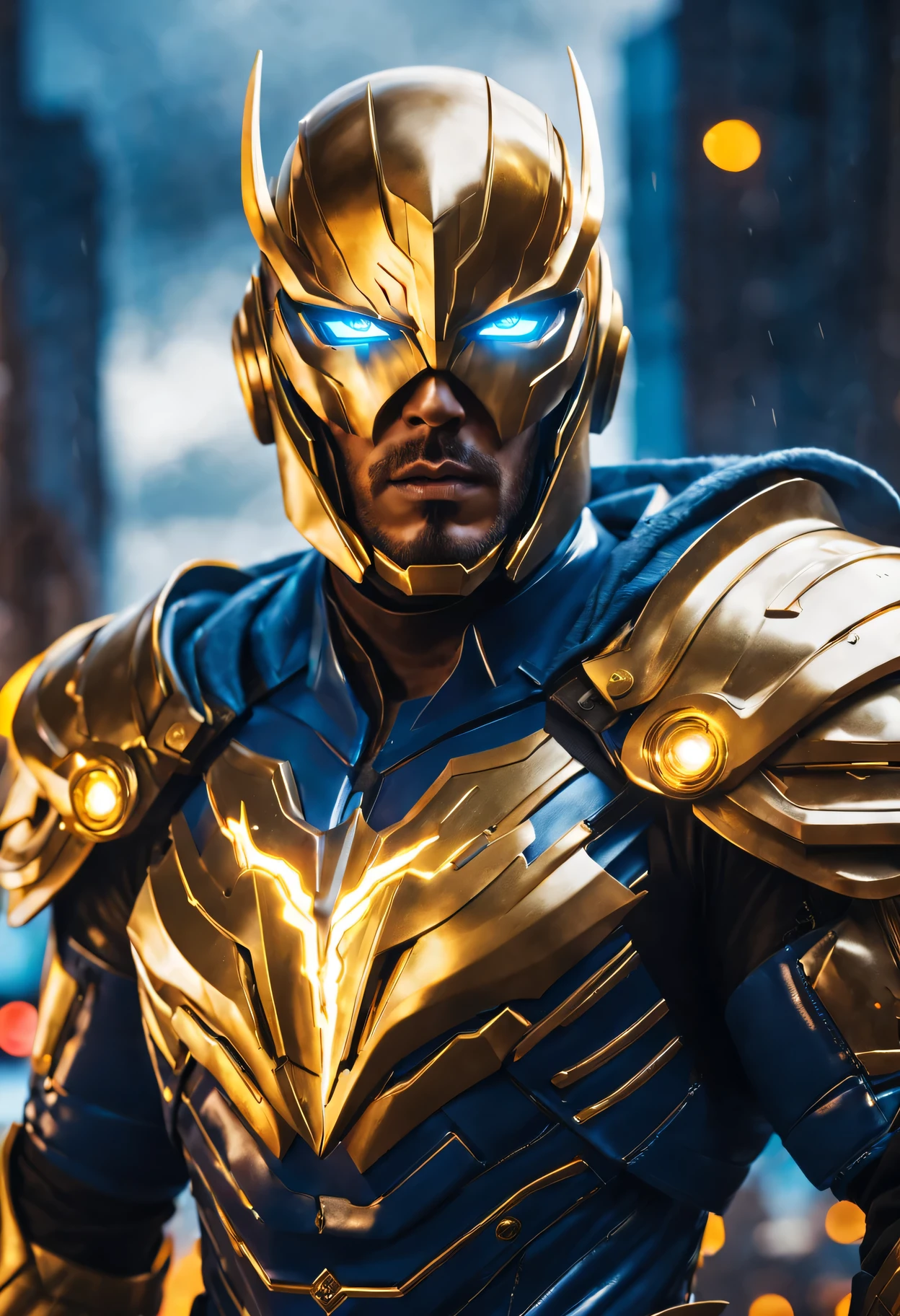 (best quality,4K,masterpiece:1.2),Super fine,lifelike,Physically based rendering,main,bright colors,Defocused,Mechanical Warrior,metall armour,Golden cloak,The surface is smooth and shiny,detailed facial features,bright glowing eyes,Combat-ready pose,Stormy and dramatic background,Heroic and powerful aura,majestic,(lightning)、Chung、complex mechanical component、city View、skyscraper、night environment、neon lights、Blue and gold color scheme、cosmic energy rotation、adrenaline fueled action、Technological progress、A confident and determined expression。
