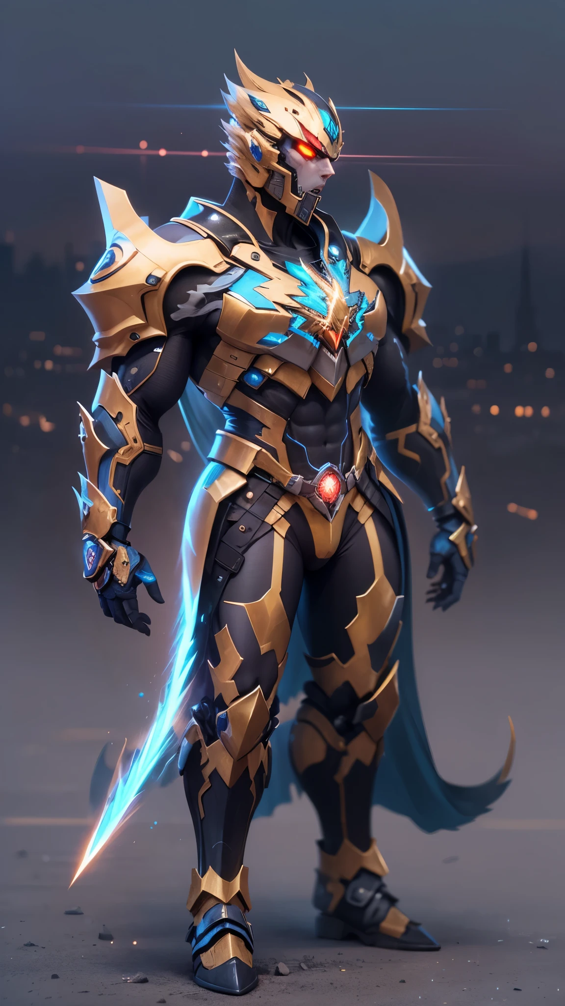 (best quality,4k,masterpiece:1.2),Super fine,lifelike,Physically based rendering,major,vivid colors,Defocused,Mechanical Warrior,metal armor,golden cape,Smooth and glossy surface,detailed facial features,bright glowing eyes,battle ready posture,Stormy and dramatic background,Heroes and powerful aura,Majestic and imposing,(lightning)、surge、complex mechanical component、city View、skyscraper、night environment、neon lights、Blue and gold color scheme、cosmic energy rotation、Adrenaline-fueled action、Technological progress、Confident and determined expression。