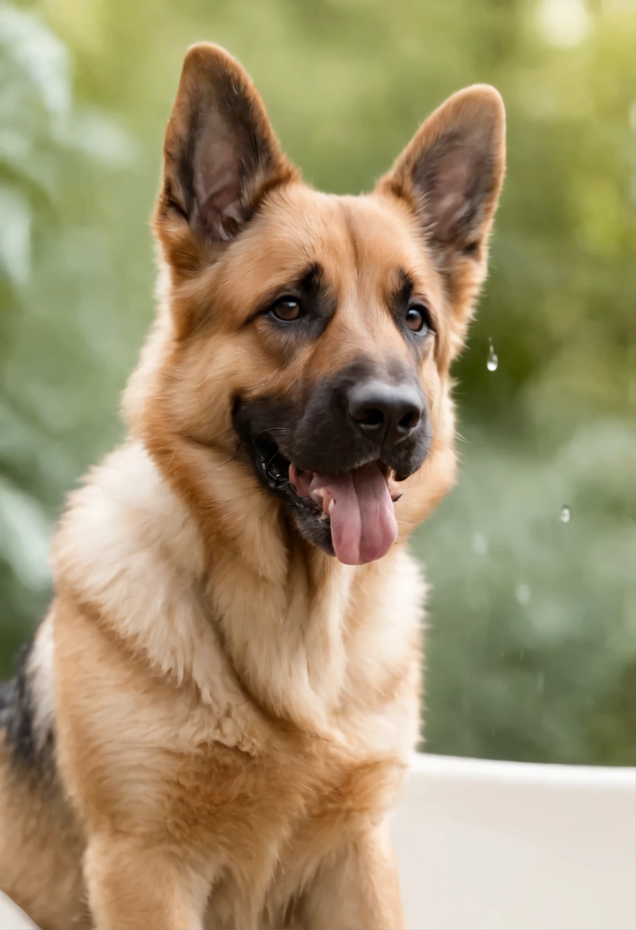 In the image in high resolution and high definition, We can see an adorable wet German shepherd dog after its bath. It is in a bright and spacious environment, onde a luz do sol entra pelas janelas, highlighting the drops of water that still cover your soft coat. The dog is standing on a shiny tiled surface, e suas patas descansam delicadamente nas bordas de um tapete felpudo. Com um olhar animado e orelhas levantadas, The dog swings its body from side to side, in a fun attempt to get rid of the remaining water droplets. Some droplets are in the air, capturando o movimento do cachorro no momento exato em que ele abana o corpo. Their happy expression and trembling action perfectly capture the infectious joy and playful spirit of the dogs after a refreshing bath.