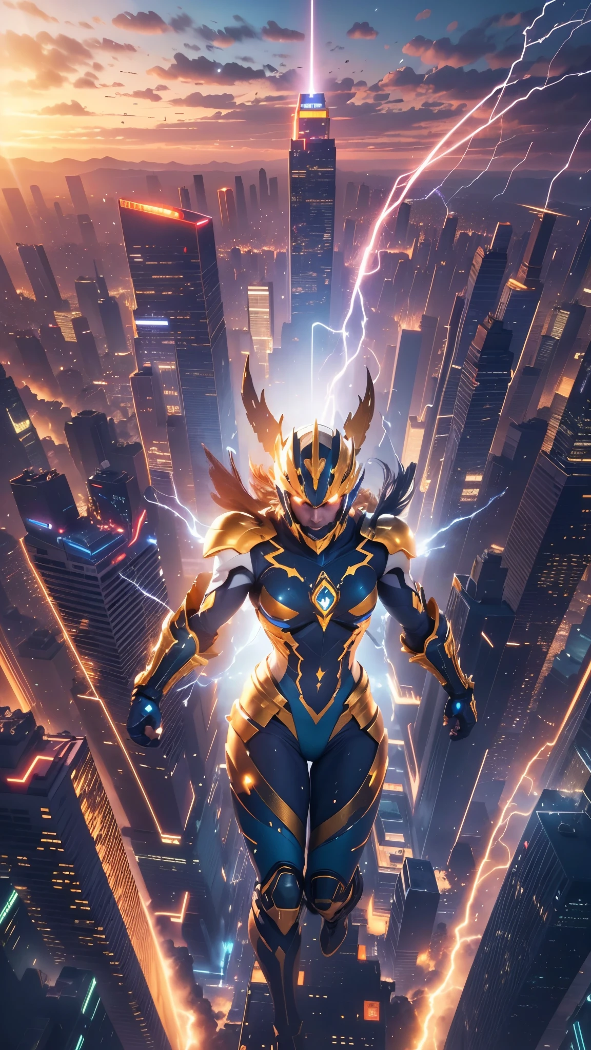 (best quality,4k,highres,masterpiece:1.2),ultra-detailed,realistic,physically-based rendering,professional,vivid colors,bokeh,metallic armor,golden cape,smooth and shiny surface,detailed facial features,bright glowing eyes,energetic flying pose,battle-ready stance,explosive special effects,stormy and dramatic background,heroic and powerful aura,majestic and imposing presence,laser beams shooting from hands,electricity surges,sparkling armor reflections,motion blur effect,helicopter-blade-like wings,intricate mechanical components,urban cityscape,skyscrapers,nighttime setting,dynamic lighting,neon lights,blue and gold color scheme,cosmic energy swirling around,adrenaline-fueled action,high-tech gadgets,advanced weaponry,technological advancements,energy blasts,speed and agility,confident and determined expression.