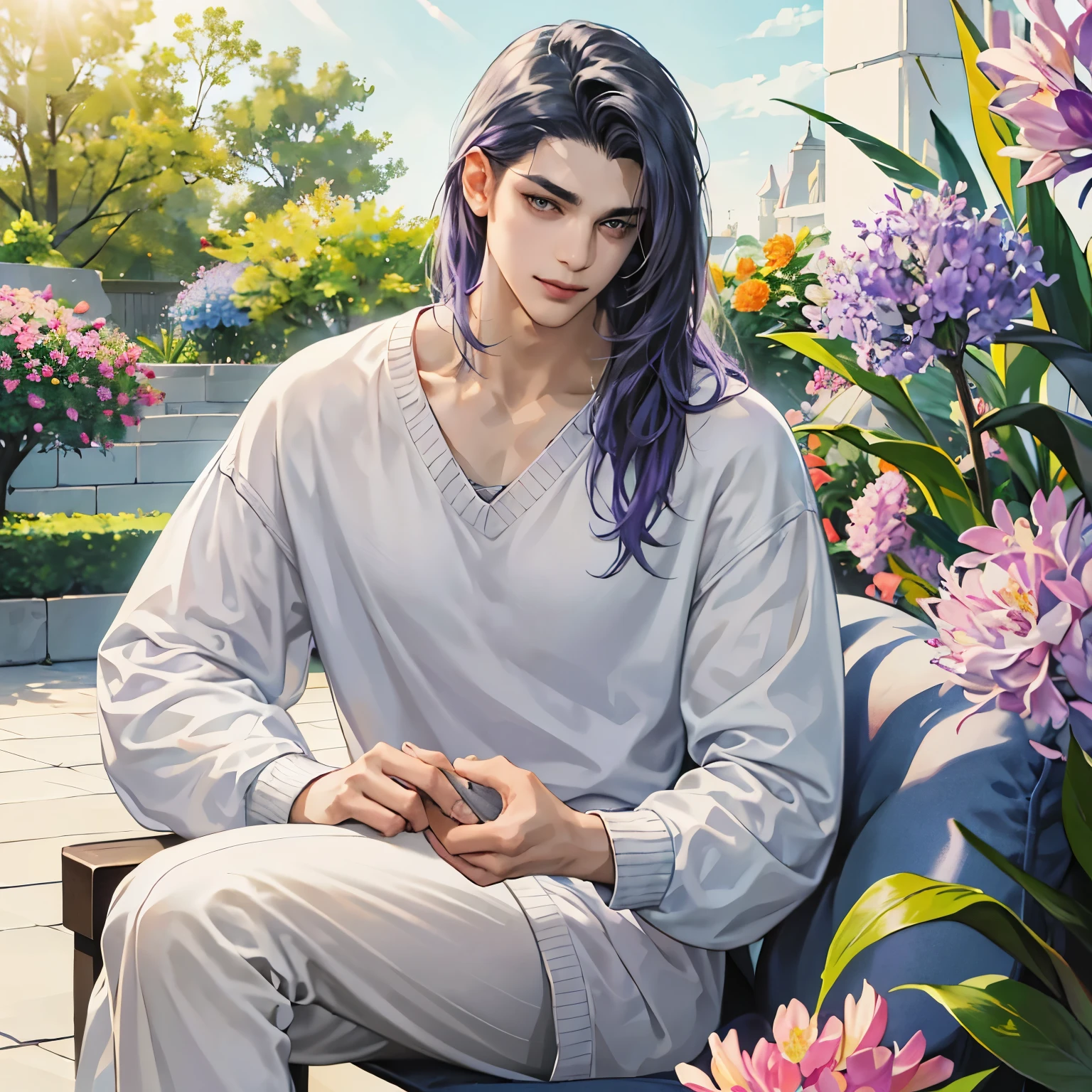 A beautiful young man in his 30s, 189cm tall.。Purple with light blue gradation。Her bangs are long and reach down to her shoulders.。casual hairstyle。Narrow eyebrows。droopy light gray eyes。The mouth is smiling。Clothes: white V-neck knit with long loose sleeves and sweatpants。He is sitting on the white floor and pointing his hand towards me.。The background is a botanical garden with colorful flowers.。