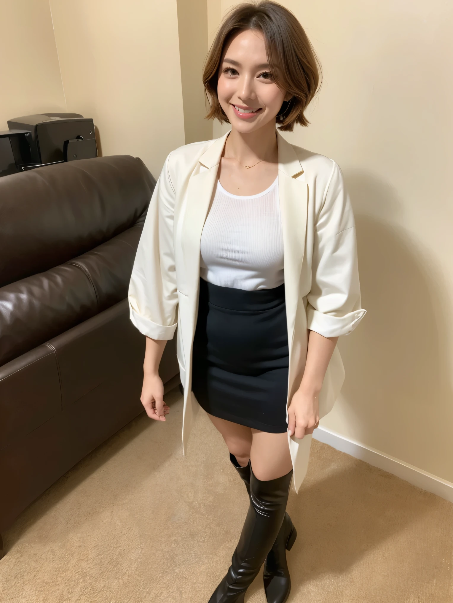 masterpiece,highest quality, (1 milf、40 years old), ((close:0.5)), ((cross arms)), glare, genuine leather jacket, white shirt, double eyelid, eyelash, lip gloss, (smile:1), ((close your eyes:0.85)), ((looking at the viewer、The whole body is shown、Are standing)), born, (From above:0.2), ((no one)), （office）、（Knee length、Knee-high boots）、Depth of bounds written、尖ったred mouth、(short hair of reddish-brown color wet and shiny,,,,,,,,,),red mouth,clavicle、full body portrait、digital illustration, (Photoreal:1.3),(RAW photo.)