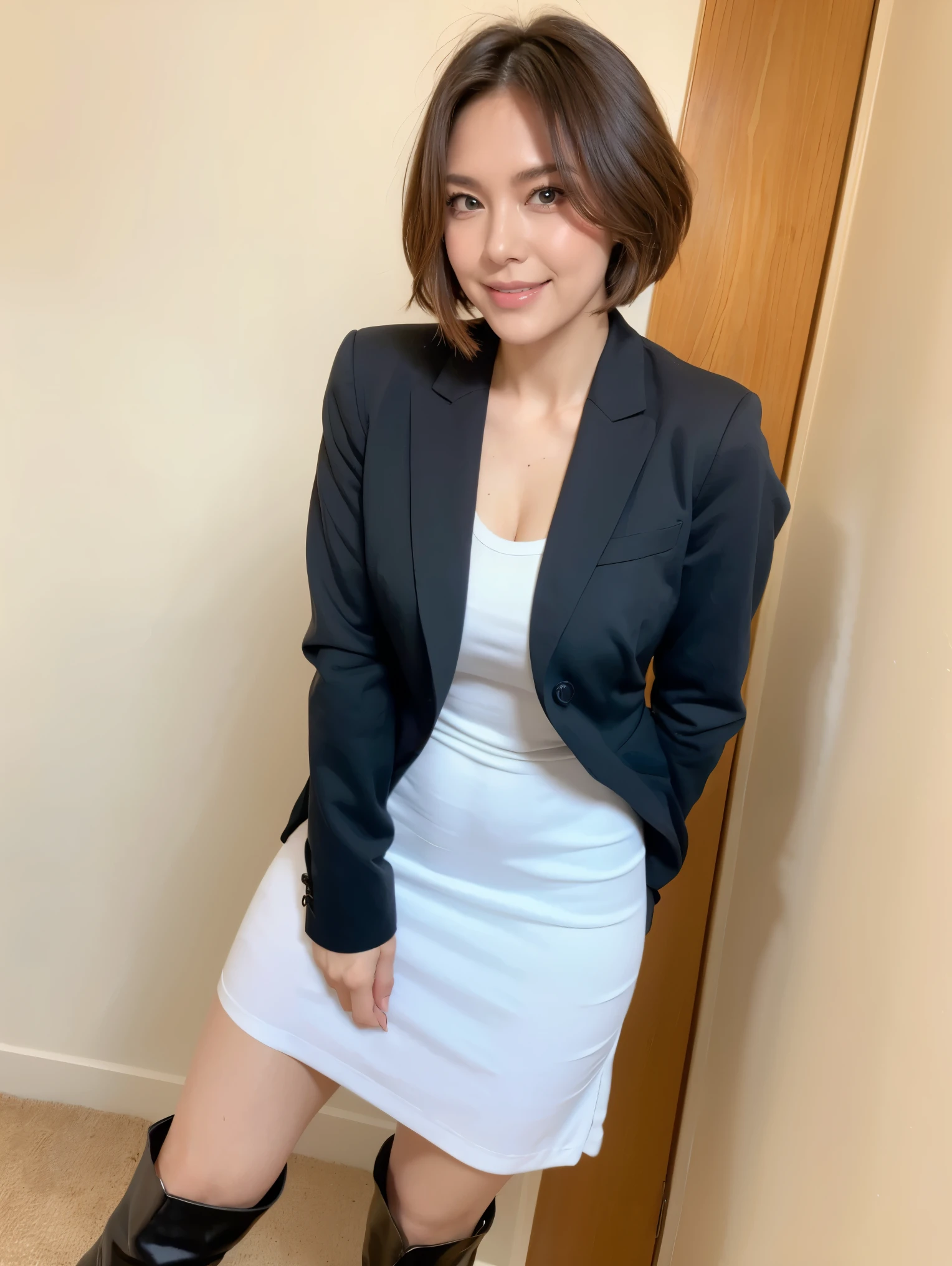 masterpiece,highest quality, (1 milf、40 years old), ((close:0.5)), ((cross arms)), glare, gray blazer, white shirt, double eyelid, eyelash, lip gloss, (smile:1), ((close your eyes:0.85)), ((looking at the viewer、The whole body is shown、Are standing)), born, (From above:0.2), ((no one)), (office)、(Knee length、Knee-high boots)、Depth of bounds written、尖ったred mouth、(short hair of reddish-brown color wet and shiny,,,,,,,,,),red mouth,clavicle、full body portrait、digital illustration, (Photoreal:1.3),(RAW photo.)