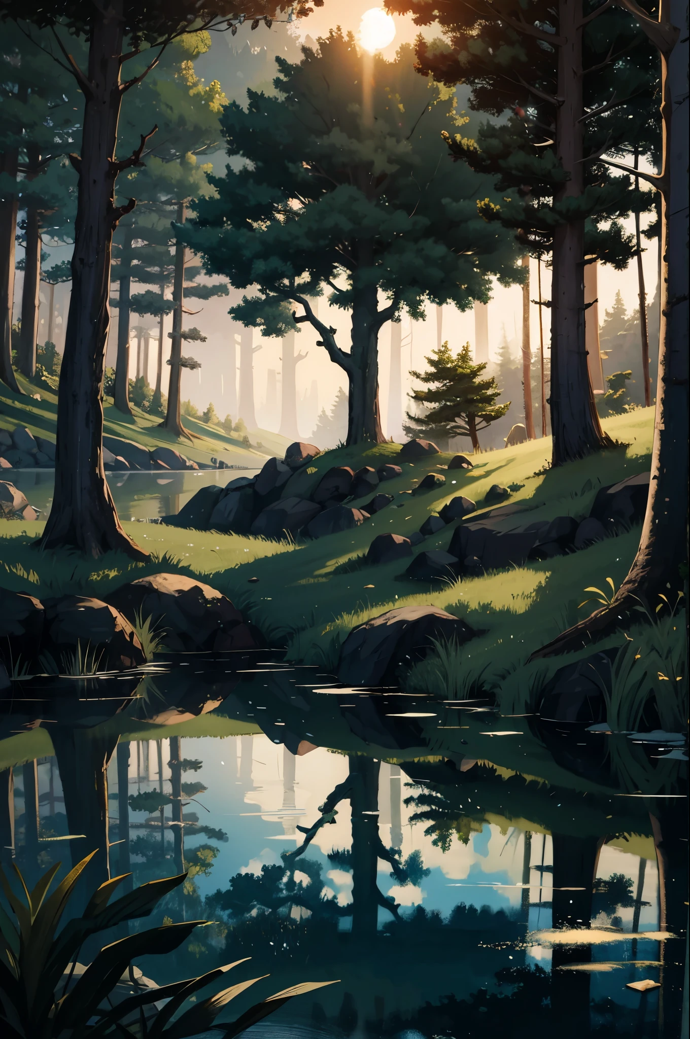 (highres,absurdres,incredibly absurdres,huge filesize,Volumetric Lighting,moody lighting),
Forest, lake, evening, sun,