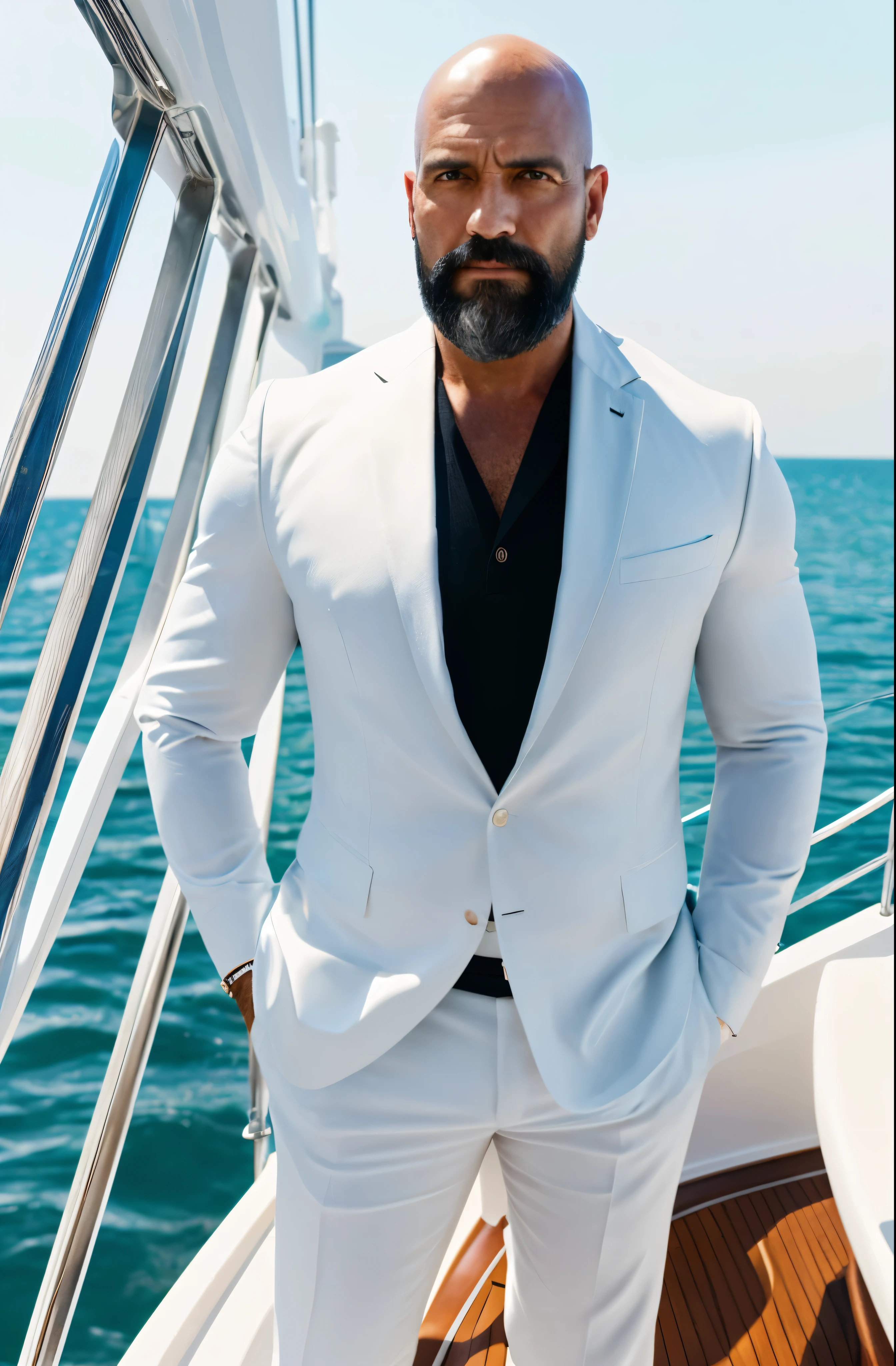Hiperrealism, hiperdetailed, natural colors, soft light, 40 years old man, muscled, tall, virility, on a yatch, summer day, Handsome, bald with black beard, sensual, looking straight at the camera, elegant, Deluxe, luxury, suit.