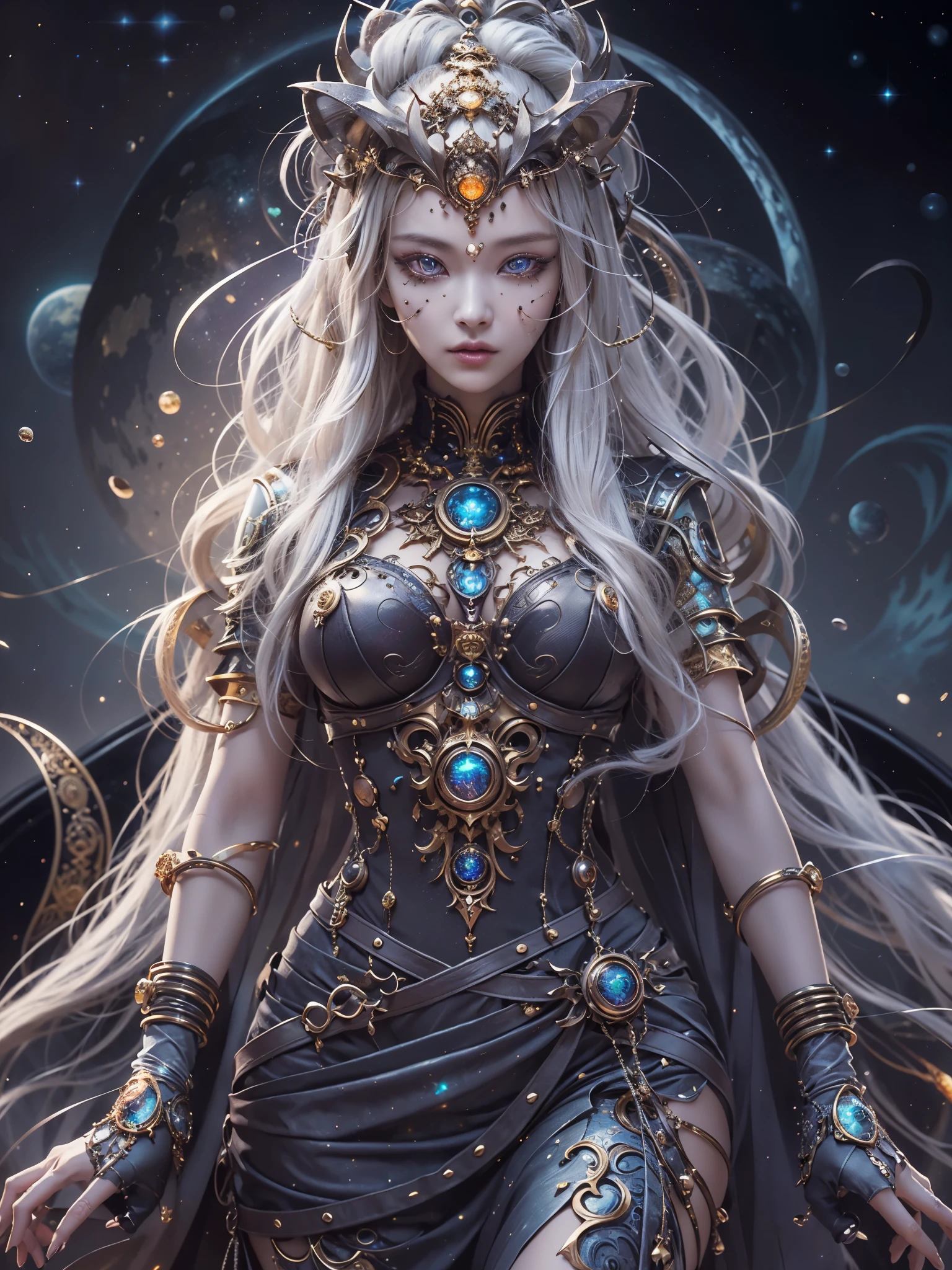 (best qualtiy,ultra - detailed,anime face, anime realistic, Most Best Illustration,Best shadow,tmasterpiece,A high resolution,professionalartwork,famousartwork),Detailed eyes,beautidful eyes,closeup cleavage,sci-fy,colored sclera,Robot eyes,face markings,Tattooed with,(fractalized,Fractal eyes),largeeyes,Wide eyes,(Eye focus),sface focus,Cosmic eyes,Space eyes,Close-up of metal sculpture of a woman with a moon in her hair,goddes。extremly high detail,3 d goddess portrait,Extremely detailed footage of the goddess,a stunning portrait of a goddess,Side image of the goddess,portrait of a beautiful goddess,Full body close-up portrait of the goddess,hecate goddess,portrait of a norse moon goddess,goddess of space and time