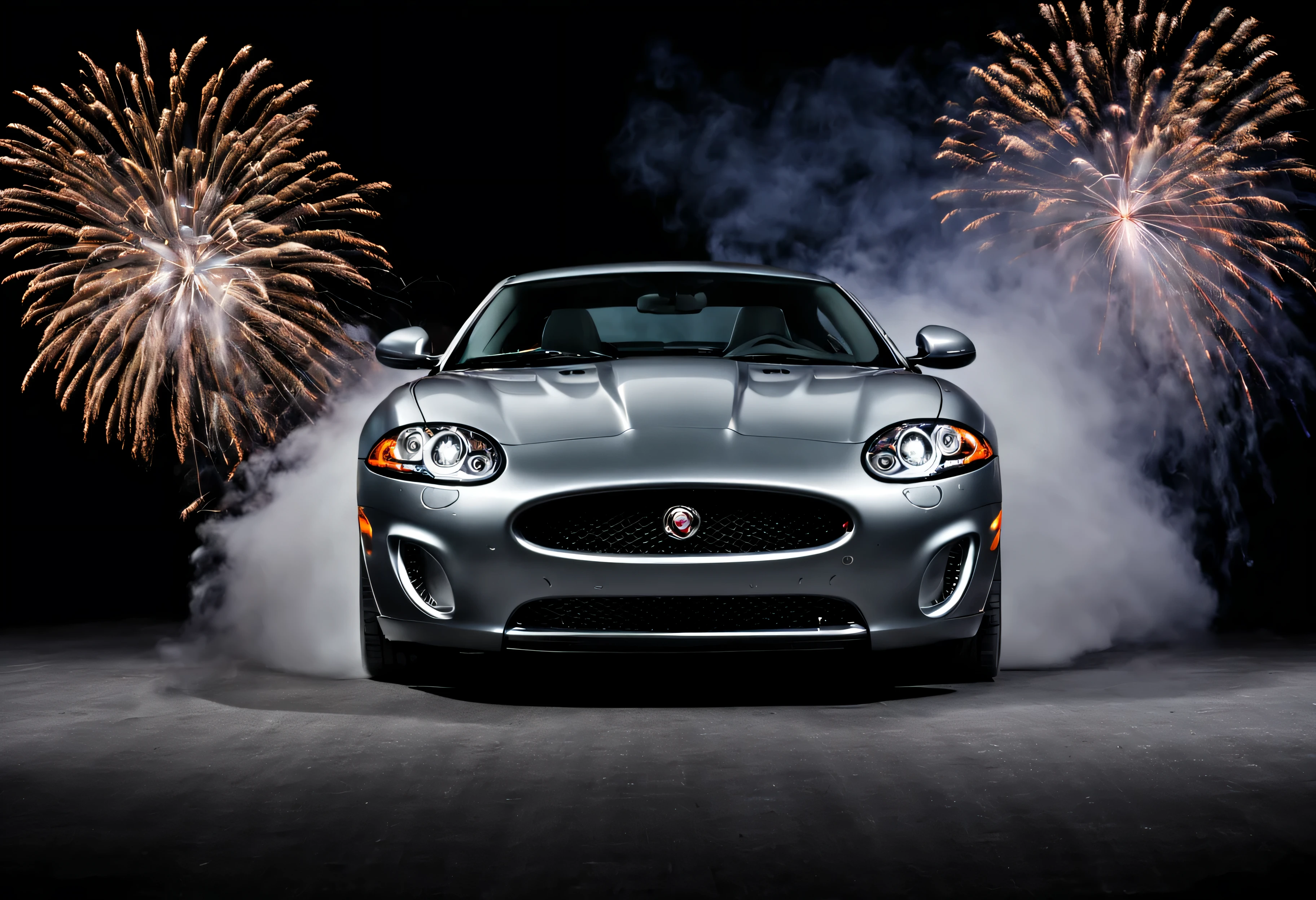 Jaguar XKR, grise, feu d'artifice au fond, dans un studio fond ????, vue de face