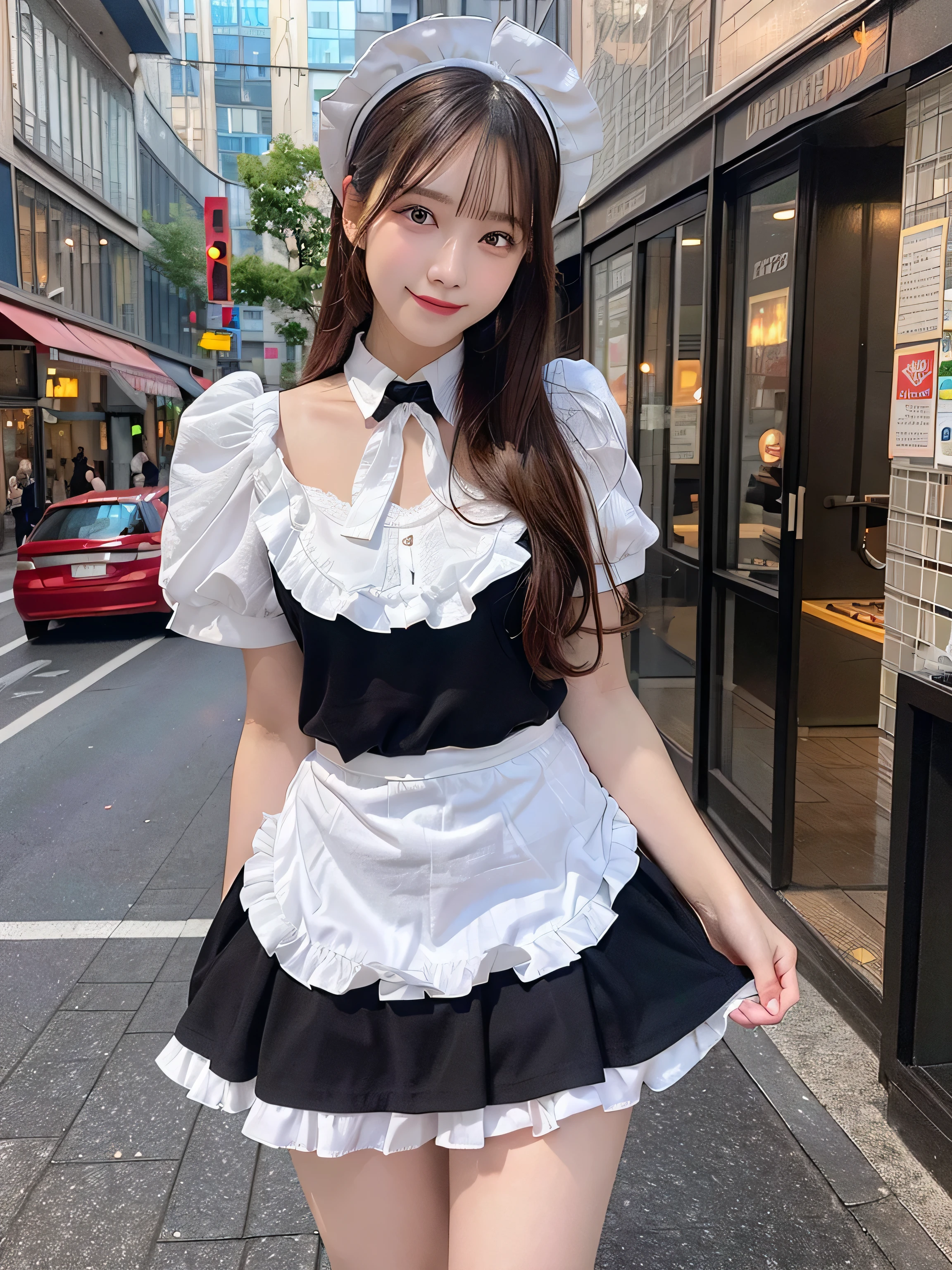 1 girl, wonderful face and eyes,highest quality, 8k wallpaper that integrates high-definition CG, very detailed, High resolution raw color photos, professional photos, realistic portrait, pieces fly, highest quality, brown hair, brown eyes, parted lips, fine eyes, Detail of limbs, sexy 22 year old slim woman, Fair skin、(full body shot),,street at noon、par is hair、naughty smile、、maid、Pull up your skirt yourself