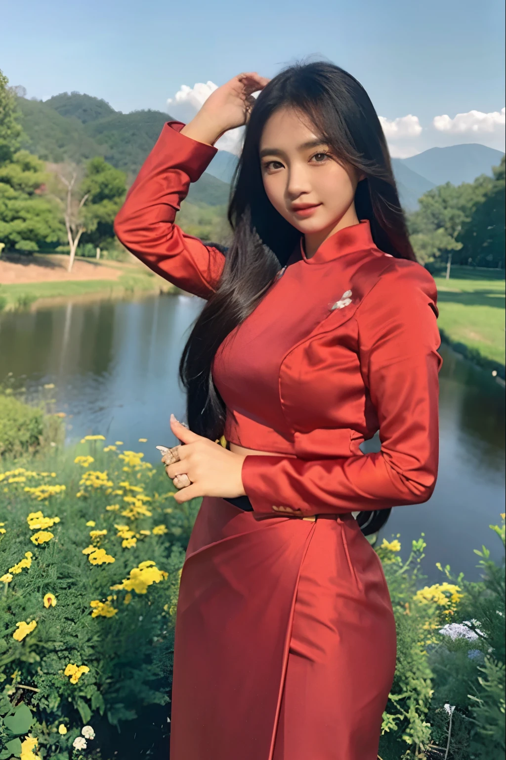 Half body portrait, 8k , plae skin asian ( korea+ Burmese)mixed girl , wearing red acmm's outfit, wearing top, red top, long sleeves, wearing acmm long skirt, red long skirt, printed skirt