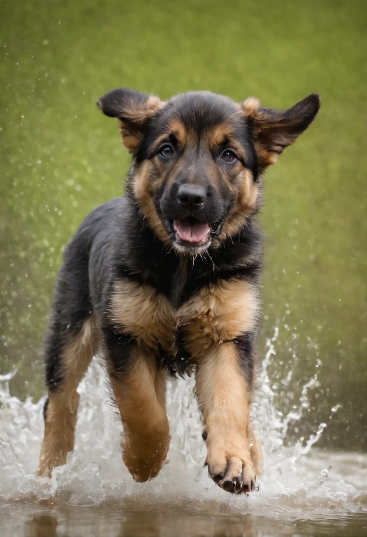 In the image in high resolution and high definition, We can see an adorable wet German shepherd dog after its bath. It is in a bright and spacious environment, onde a luz do sol entra pelas janelas, highlighting the drops of water that still cover your soft coat. The dog is standing on a shiny tiled surface, e suas patas descansam delicadamente nas bordas de um tapete felpudo. Com um olhar animado e orelhas levantadas, The dog swings its body from side to side, in a fun attempt to get rid of the remaining water droplets. Some droplets are in the air, capturando o movimento do cachorro no momento exato em que ele abana o corpo. Their happy expression and trembling action perfectly capture the infectious joy and playful spirit of the dogs after a refreshing bath. ha um lindo lago ao fundo