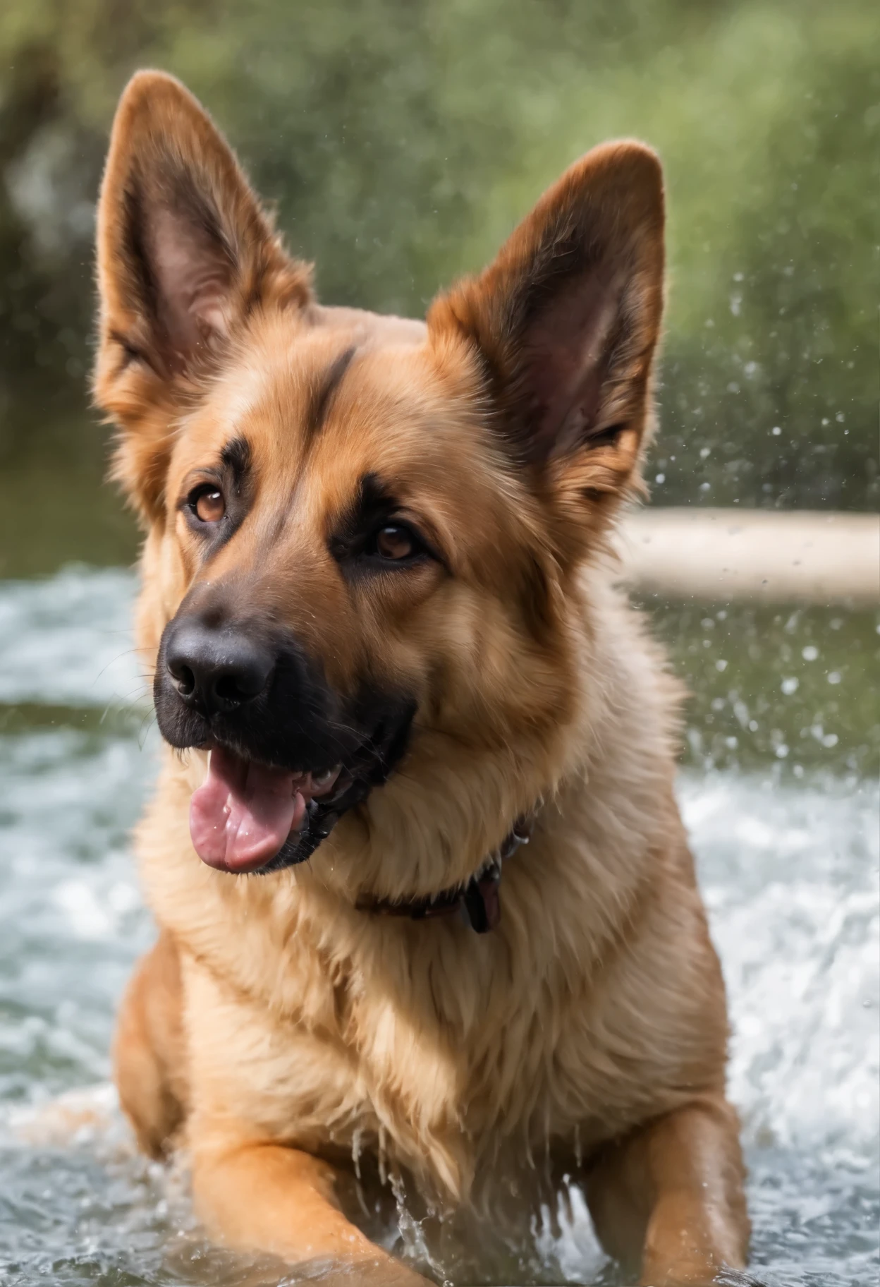 In the image in high resolution and high definition, We can see an adorable wet German shepherd dog after its bath. It is in a bright and spacious environment, onde a luz do sol entra pelas janelas, highlighting the drops of water that still cover your soft coat. The dog is standing on a shiny tiled surface, e suas patas descansam delicadamente nas bordas de um tapete felpudo. Com um olhar animado e orelhas levantadas, The dog swings its body from side to side, in a fun attempt to get rid of the remaining water droplets. Some droplets are in the air, capturando o movimento do cachorro no momento exato em que ele abana o corpo. Their happy expression and trembling action perfectly capture the infectious joy and playful spirit of the dogs after a refreshing bath. ha um lindo lago ao fundo