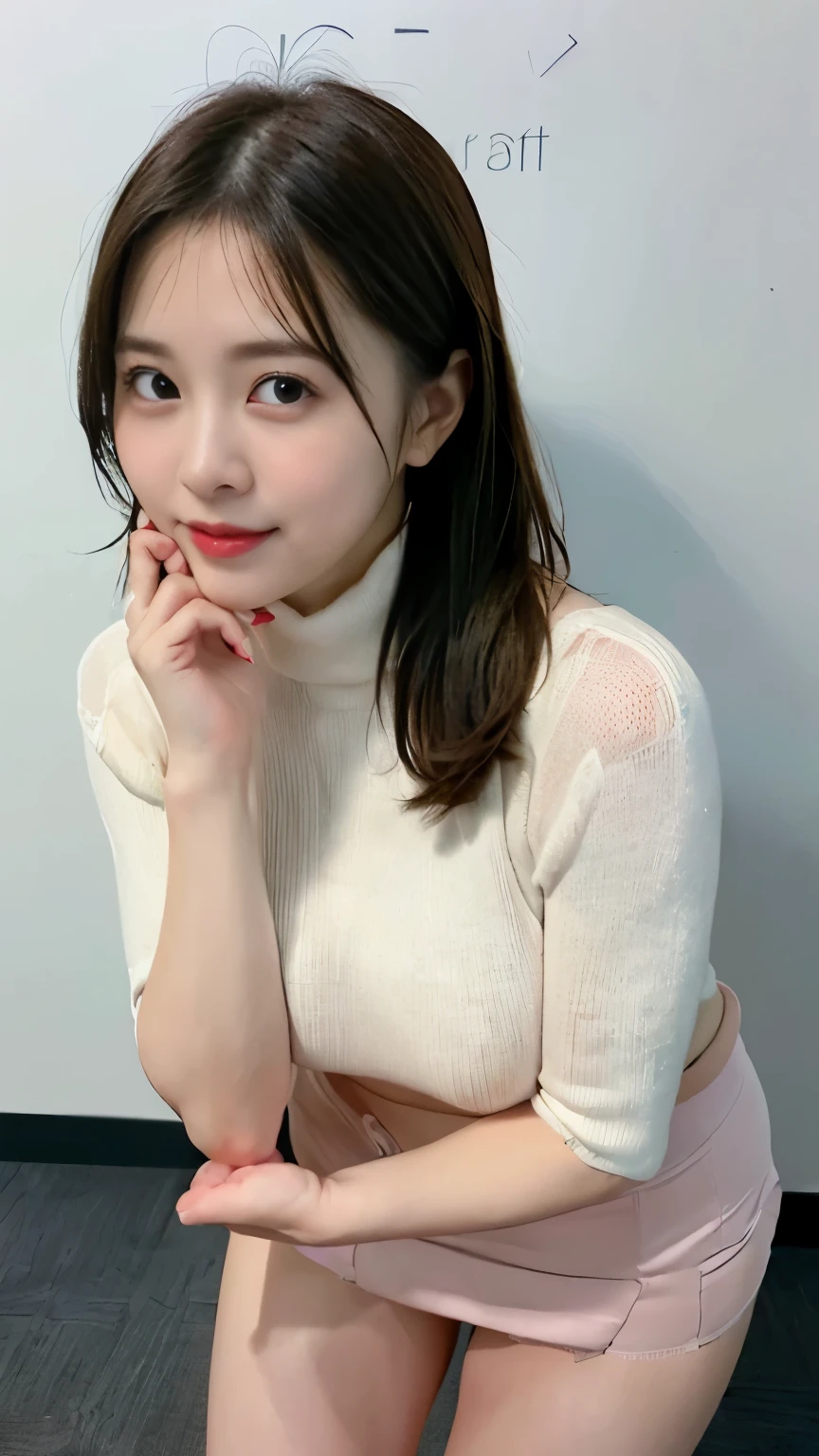 table top, highest quality, 
super detailed, finely, High resolution, In 8K,
((Photoreal:1.4, Raw photo, Super high resolution,best image quality: 1.4)),
wallpaper, 
((Perfect whole body composition 1.5)), 
((beautiful and fine eyes, natural color lip、pretty face、gaze looking at the camera、Eye of Lashaig、Clear double eyelids、Tears mole、glowing skin、beautiful skin quality、lip gloss)),
((gentle smile:1.5)),
((random cute hairstyles)), 
((Turtleneck knit that adheres perfectly to the body:1.5)),
((Pull the knitwear up to your chest:1.5)),((big breast size、cleavage:1.2)),
((Random and cute micro miniskirt:1.5)),
((Squat down and spread your legs:1.5)),
((brain out、arm under glasses:1.2)),
((from the front)),
((random blurred background)),
((Random and cute expressions:1.5)),, 
((((1 woman:1.5))))
Highly detailed and professional lighting、
((Sexy underwear visible through the skirt:1.5))、
((I can see my thighs:1.5))、