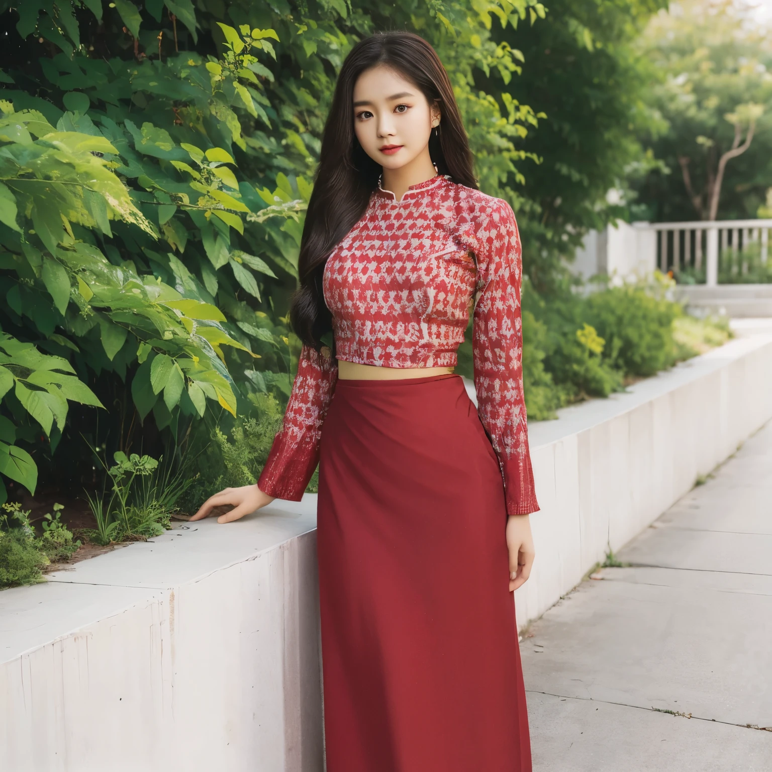 Half body portrait,4k , pale skin asian(Korean+Burmese )mixed girl , wearing red acmm's outfit, wearing top , red top , long sleeves, wearing acmm long skirt, red long skirt, printed skirt