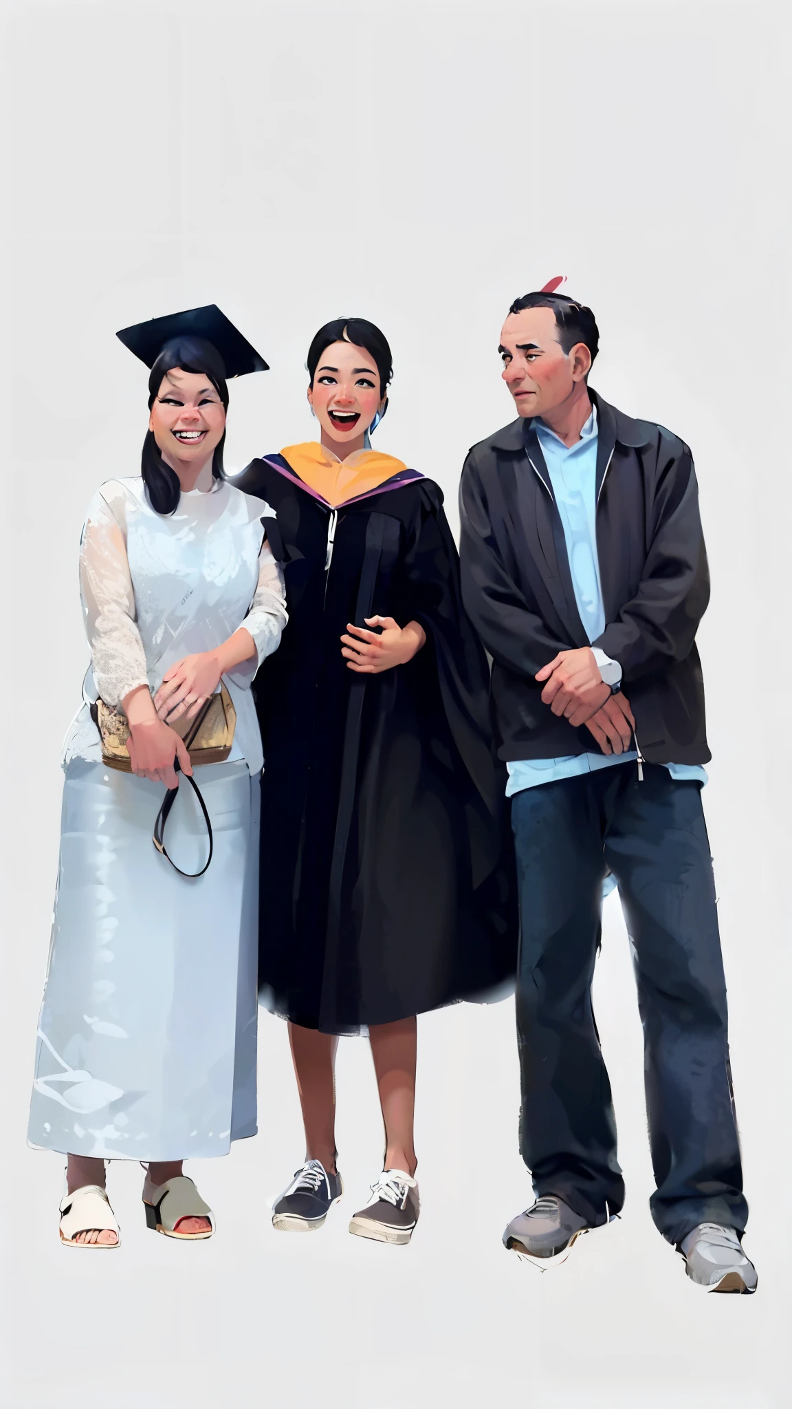 (masterpiece:1.2),illustration,lineart,high definition,texture, black hair woman wearing black graduation gown and smiling in center ,mother is standing left side and father standing on right side ,pencil color palette,soft lighting,detailed pencil strokes,delicate outlines,distinct shadows,subtle shading,impeccable attention to detail,highly realistic,artistic touches,vibrant and lifelike rendering,professional-level skill,white isolated background,warm and inviting atmosphere,peaceful and relaxed expression,sophisticated and elegant aesthetics.
