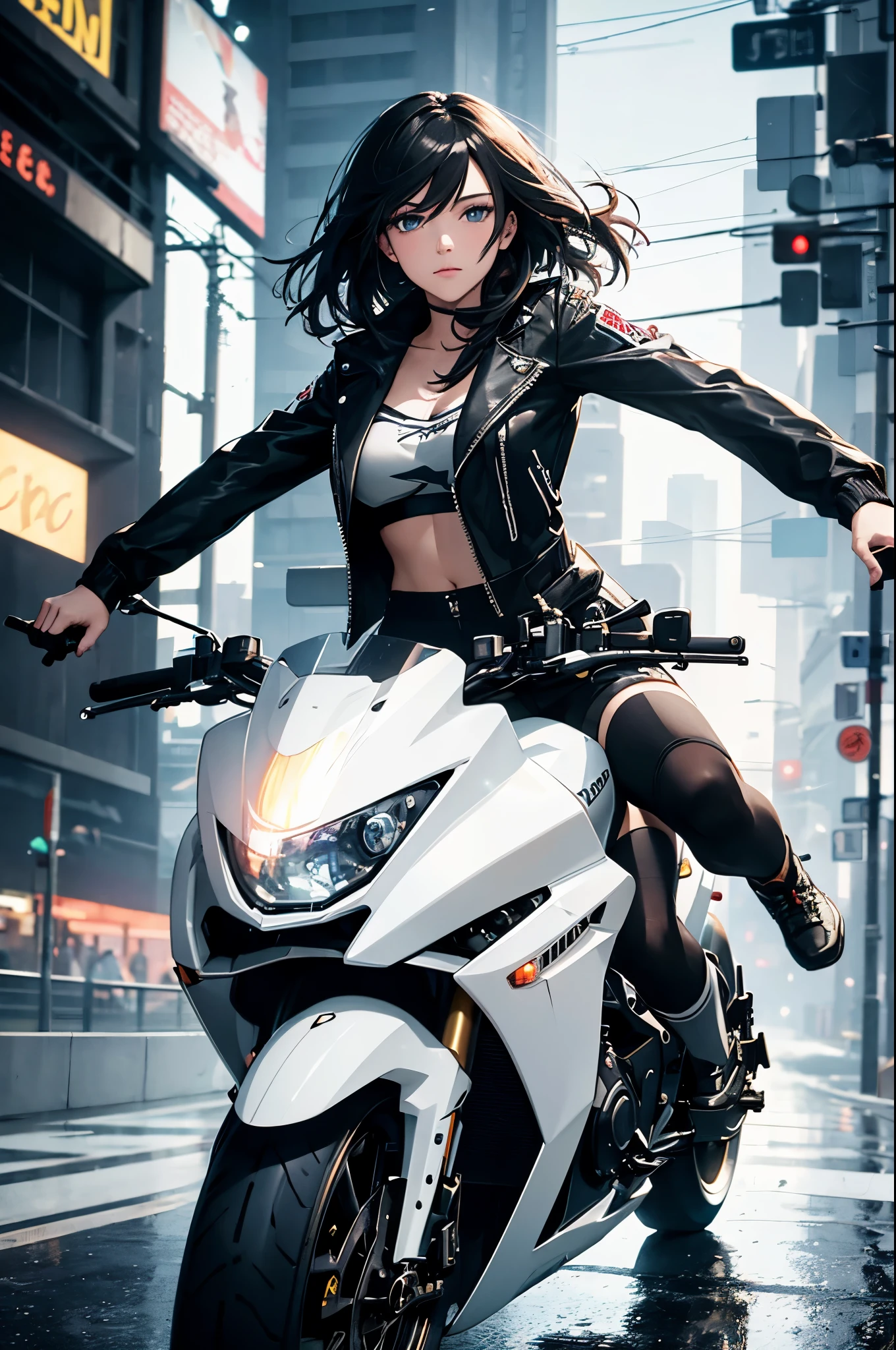 masterpiece, high quality, 1girl, solo, acheron, beautiful woman, riding white superbike, street racing, dark gradient hair, hair over eye, (painterly style, impressionism), dynamic, cinematic, jacket, navel, motion blur, spinning wheels, raining, cyberpunk streets, light trails, shorts, riding boots, action shot, glowing