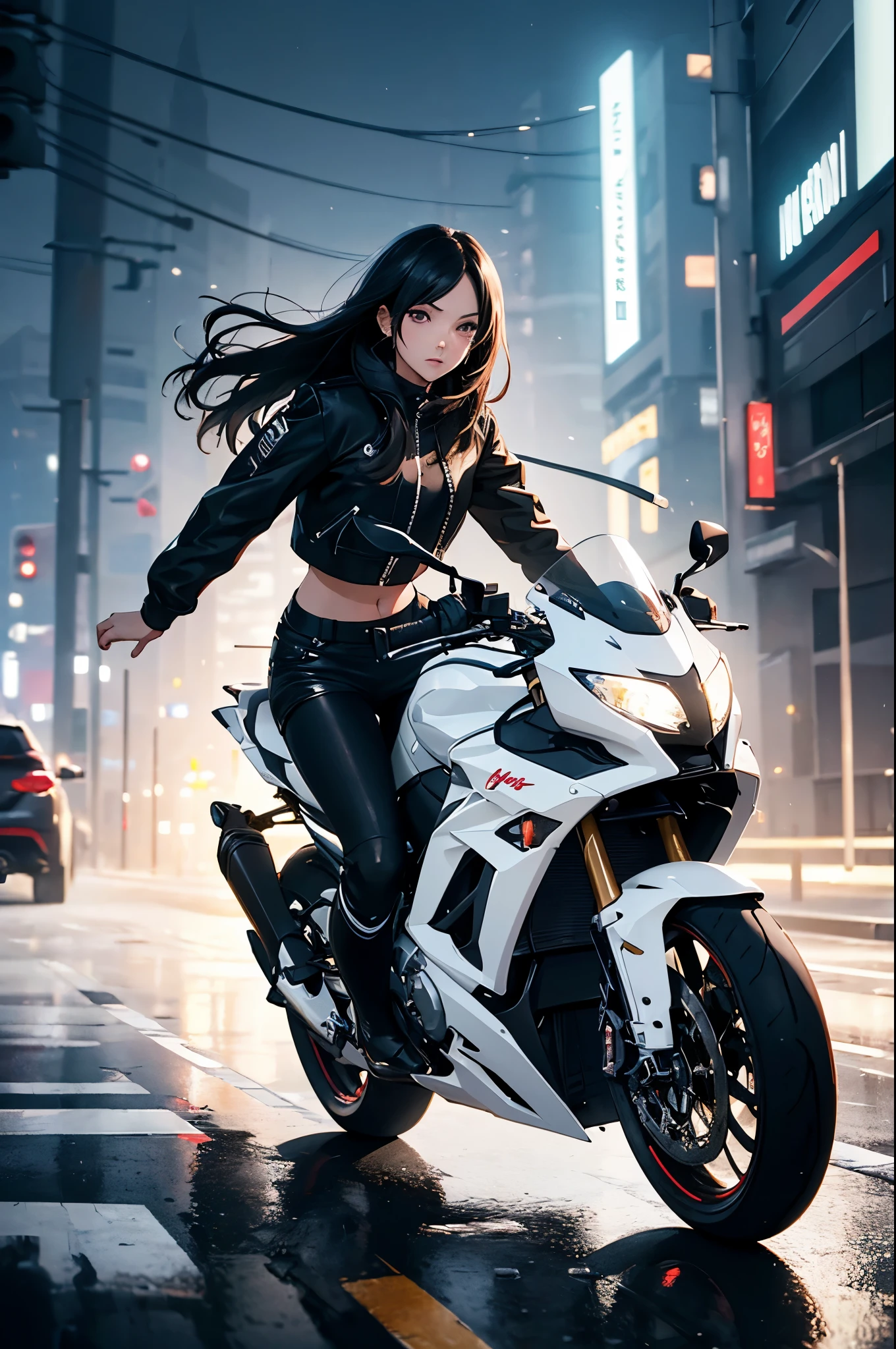 masterpiece, high quality, 1girl, solo, acheron, beautiful woman, riding white superbike, street racing, dark gradient hair, hair over eye, (painterly style, impressionism), dynamic, cinematic, jacket, navel, motion blur, spinning wheels, raining, cyberpunk streets, light trails, shorts, riding boots, action shot, glowing