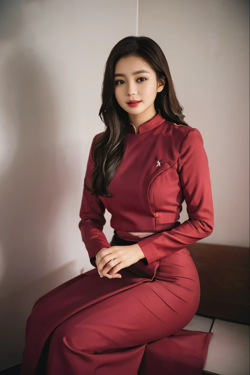 Half body portrait, 8k , plae skin asian ( korea+ Burmese)mixed girl , wearing red acmm's outfit, wearing top, red top, long sleeves, wearing acmm long skirt, red long skirt, printed skirt