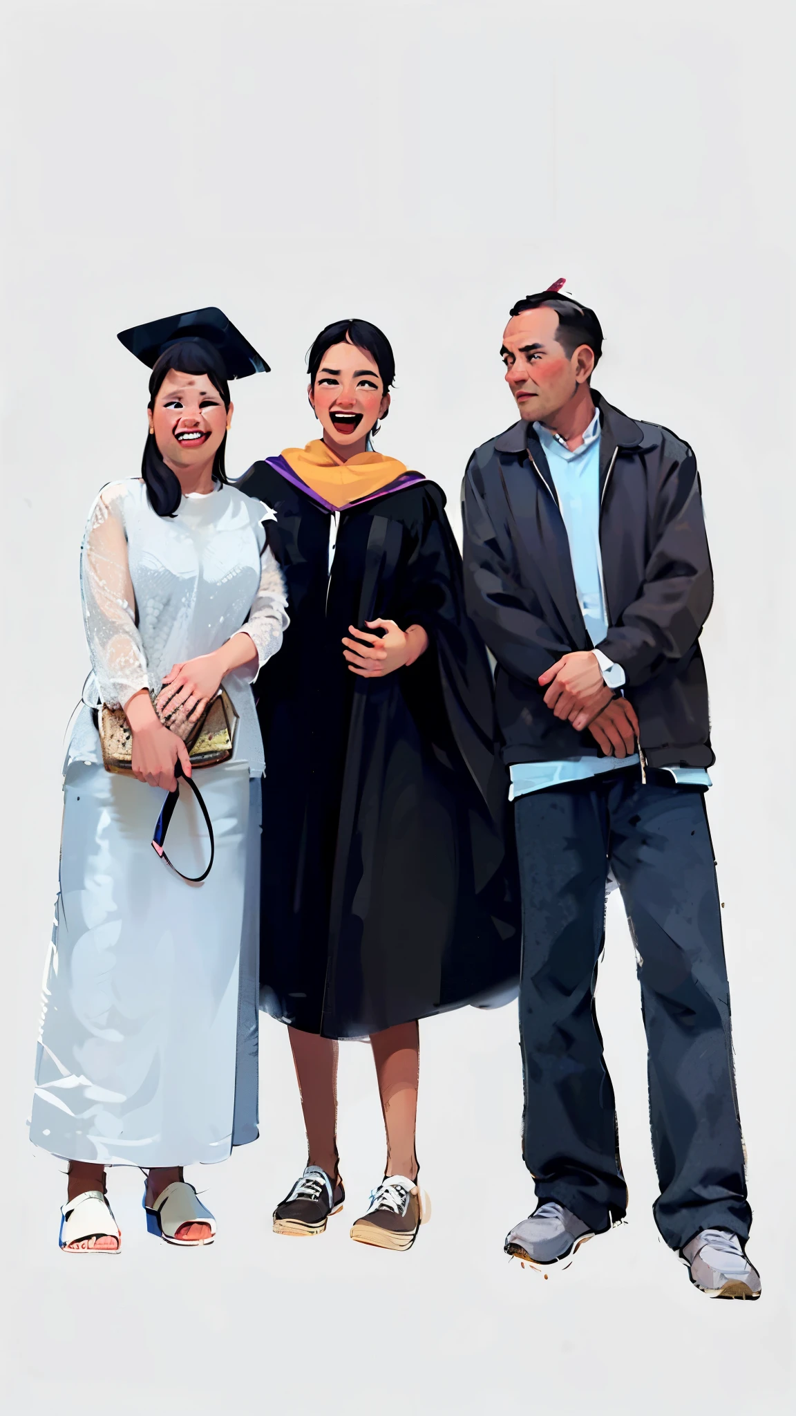 (masterpiece:1.2),illustration,lineart,high definition,texture, black hair woman wearing black graduation gown and smiling in center ,mother is standing left side and father standing on right side ,pencil color palette,soft lighting,detailed pencil strokes,delicate outlines,distinct shadows,subtle shading,impeccable attention to detail,highly realistic,artistic touches,vibrant and lifelike rendering,professional-level skill,white isolated background,warm and inviting atmosphere,peaceful and relaxed expression,sophisticated and elegant aesthetics.