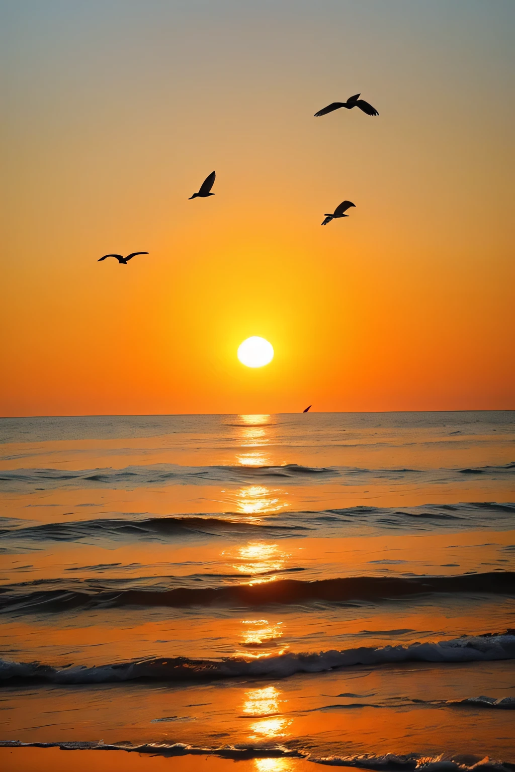big orange Sun sinking in ocean, birds flying in sky, filmy vibe, orangish tint
