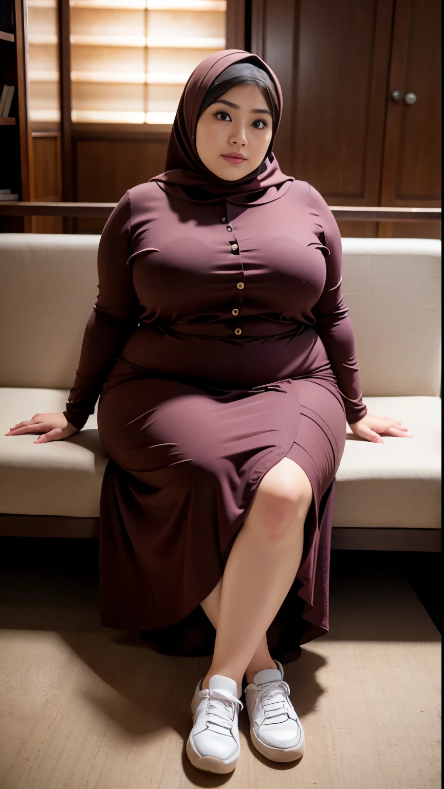 there is a woman sitting down with a longest brown hijab, bbwchan, thicc, brown hijab outfit, brown hijab fashion model, korean girl, korean woman, wearing brown robe, full length shot, alluring plus sized model, japanese goddess, clothed in hooded, voluptuous and arousing, portrait shot, curvy model, voluptuous body, wonderful, nene tanaka body , bbwchan, The overall atmosphere is smooth , haunting illustrations, extremely high-resolution details, photographic, realism pushed to extreme, fine texture, 4k, ultra-detailed, high quality, high contrast, red Color sneakers