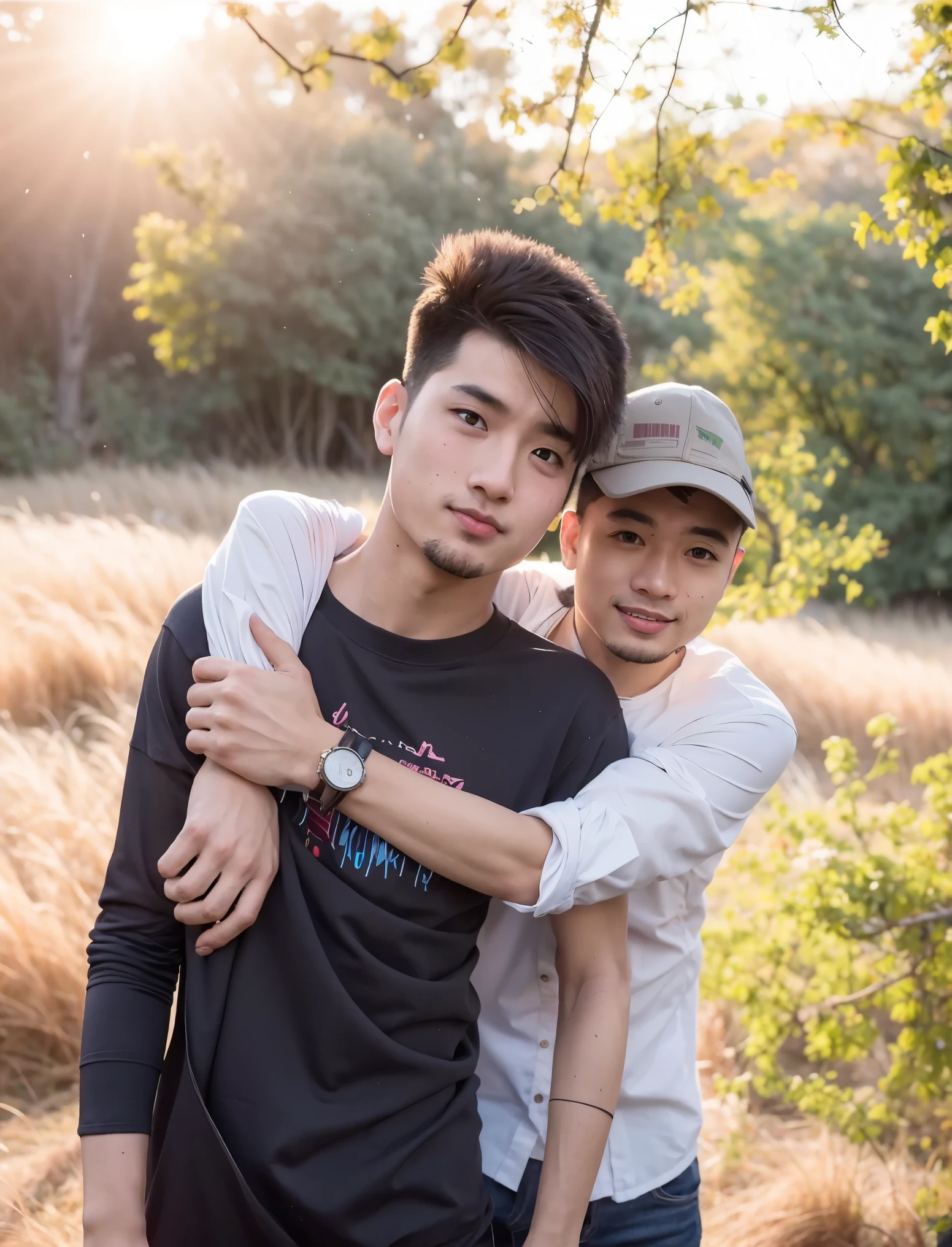 there are two men standing together in a field hugging, casual photography, photograpgy, friendship, shot on nikon z9, candid picture, two young men, couple pose, photo taken with nikon d750, photo taken with nikon d 7 5 0, taken with sony alpha 9, cute boys, with village, photo taken with canon 5d, candid photography
