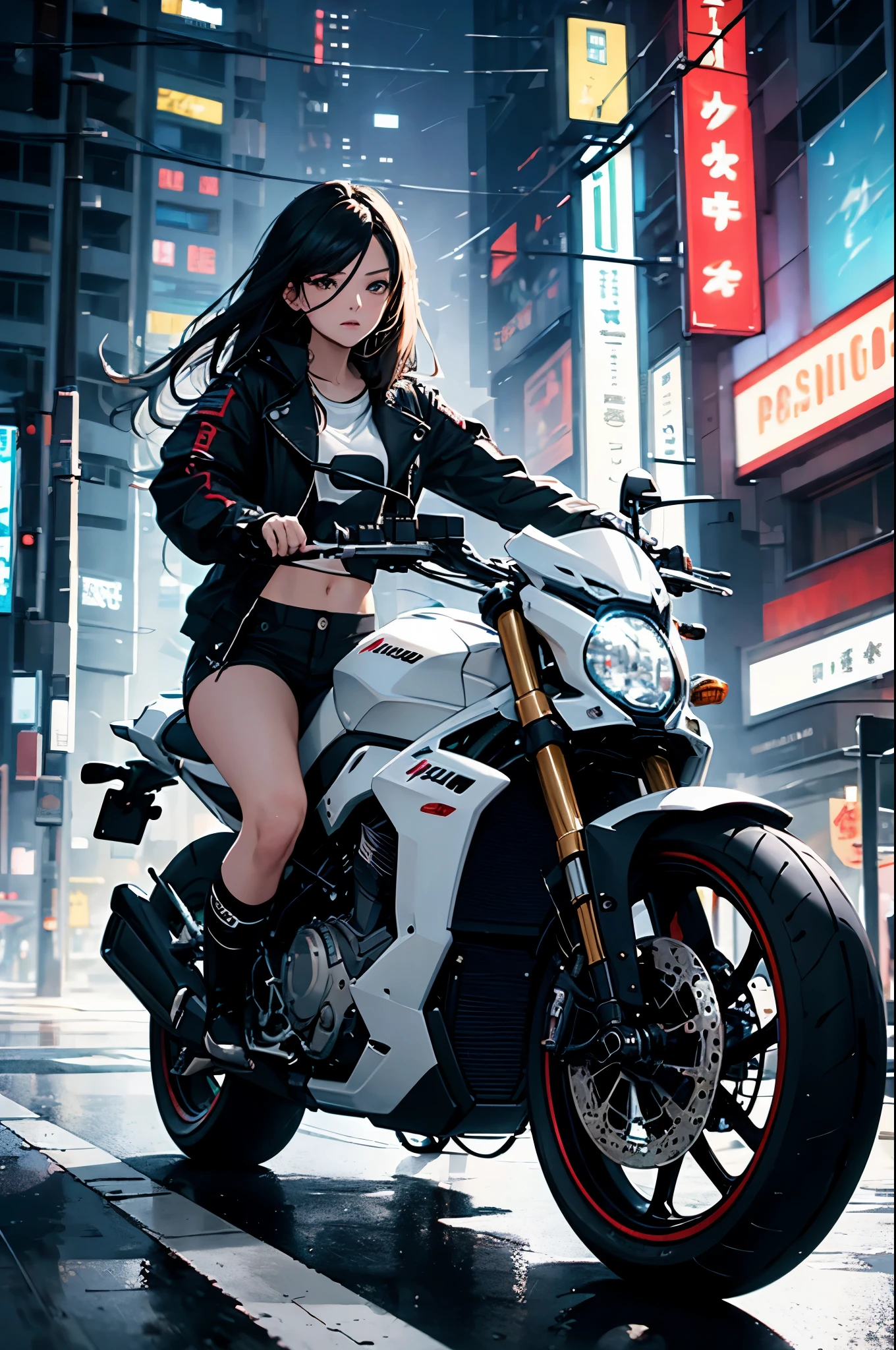 masterpiece, high quality, 1girl, solo, acheron, beautiful woman, riding white superbike, street racing, dark gradient hair, hair over eye, (painterly style, impressionism), dynamic, cinematic, jacket, navel, motion blur, spinning wheels, raining, cyberpunk streets, light trails, shorts, riding boots, action shot, glowing