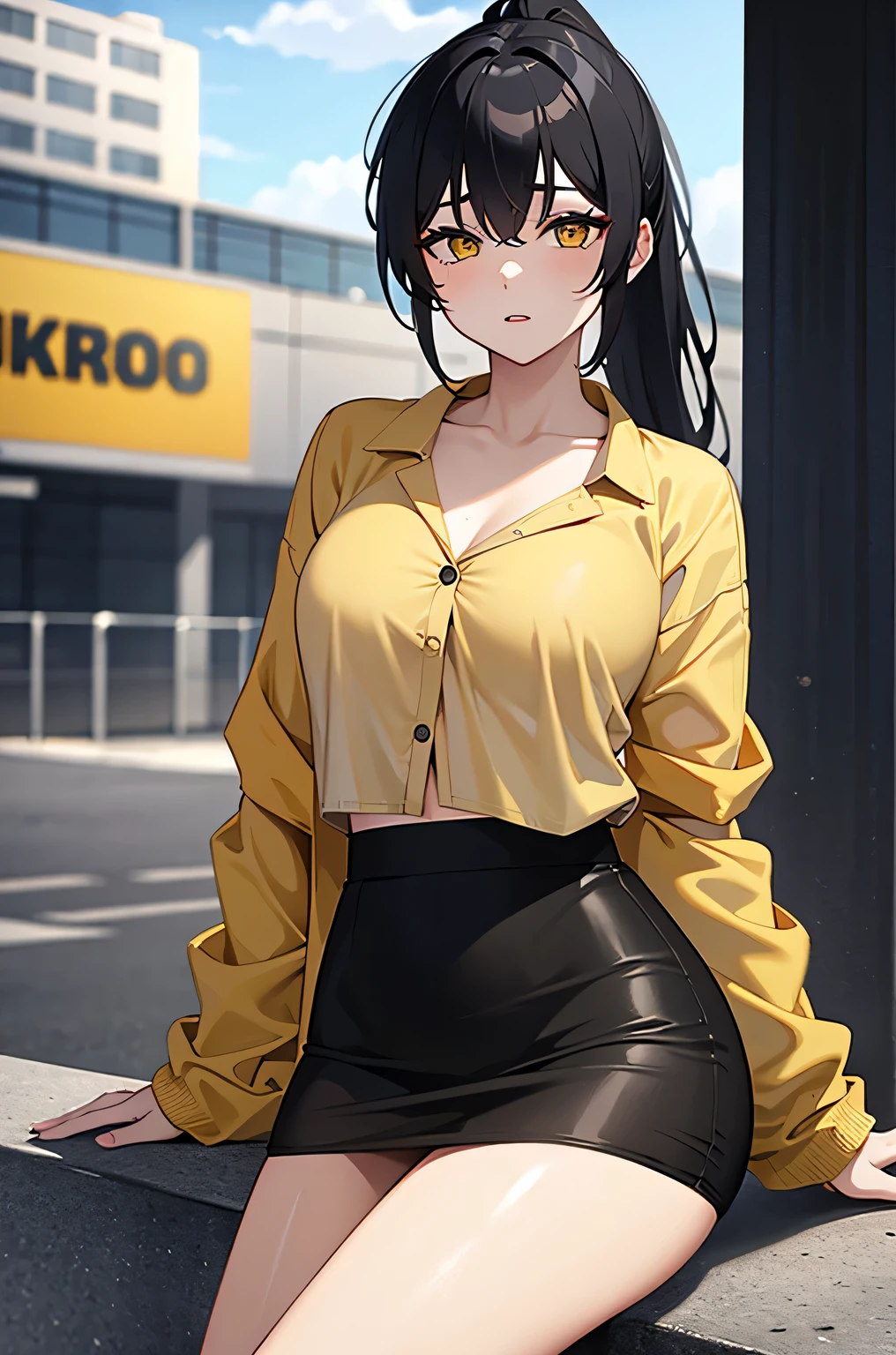 1girl, black hair, beautiful, sexy, mature body, messy ponytail, yellow coat, yellow jacket, black pencil skirt, gold eyes