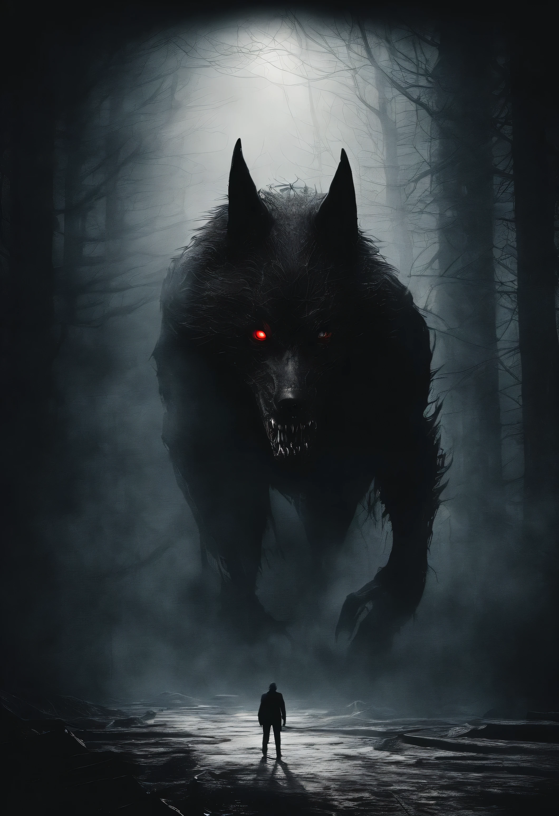 dark floor, red eyes, huge black shadow beast like a wolf