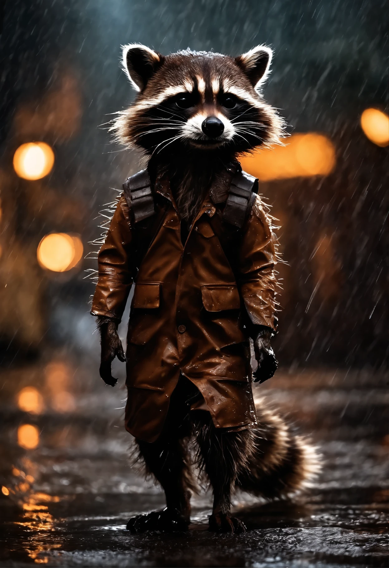 visually stunning expressive realistic photo highly detailed Marvels Rocket Raccoon wet in the rain, sensual romantic flirting pose, realistic wet fur, realistic wet fabric, fullbody view,