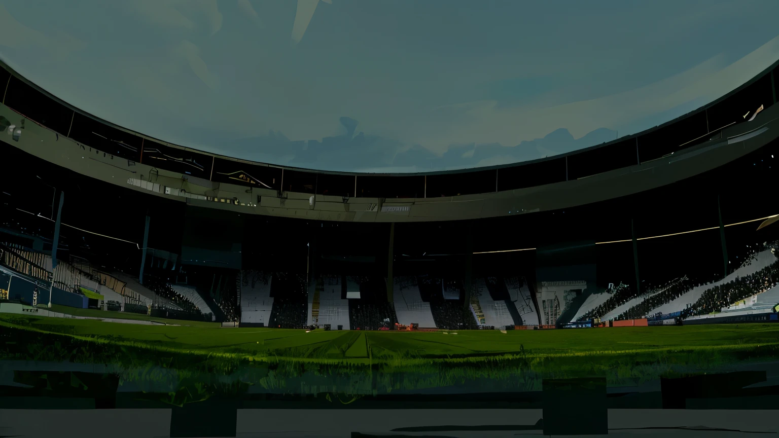un rendu 3D d'un stade avec un grand toit, vue de côté. très détaillé, angle frontal extrêmement détaillé, super scale rendu, rendu, plan large établi, Niveau de détail extrêmement élevé, pre-rendu, vue de face, high rendu détaillé, highly rendu!!, toit arrondi, rendu détaillé, structure détaillée, perspective de face, Rendu complexe détaillé, rendu image 80s