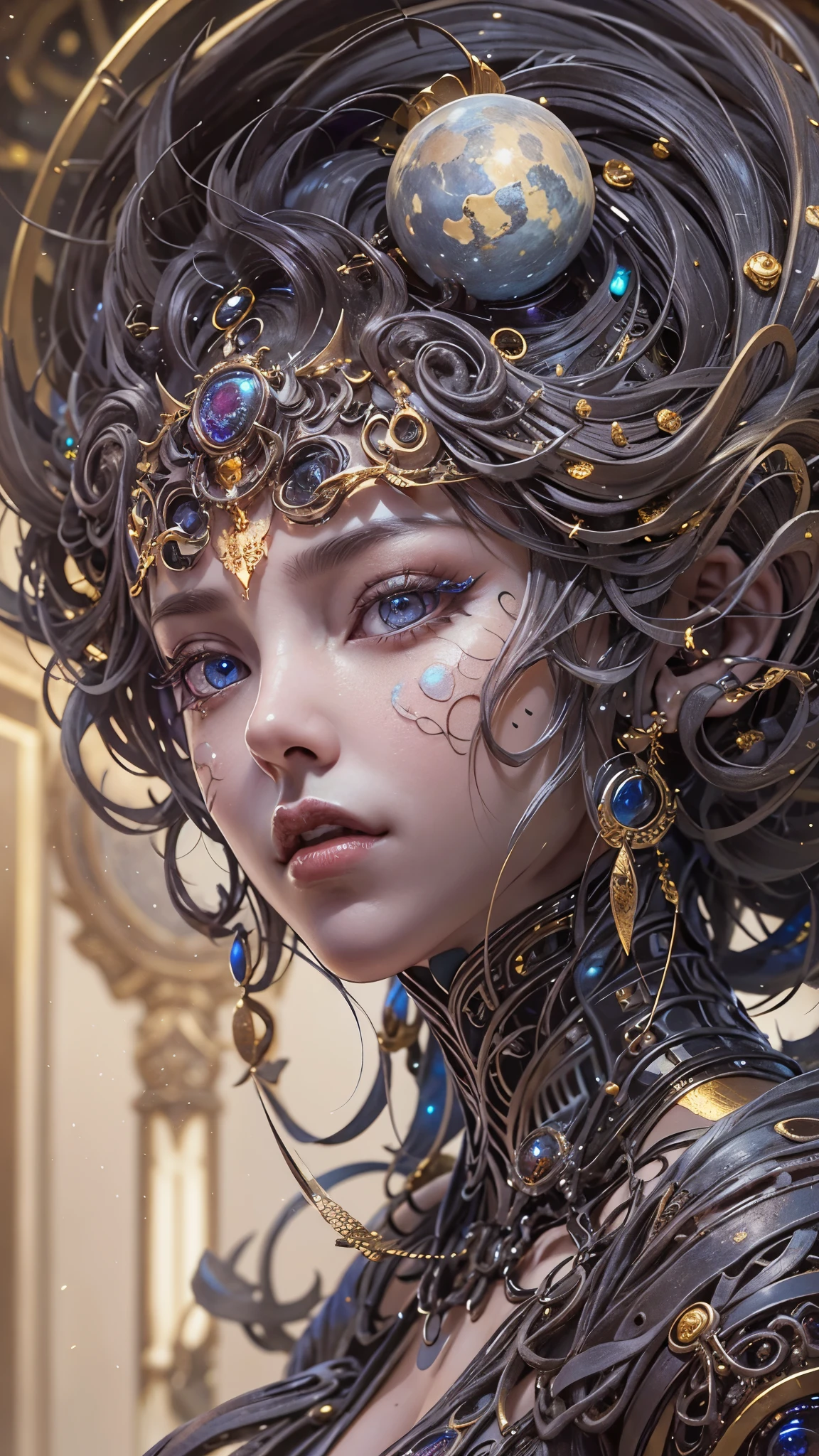 (best qualtiy,ultra - detailed,Most Best Illustration,Best shadow,tmasterpiece,A high resolution,professionalartwork,famousartwork),Detailed eyes,beautidful eyes,closeup cleavage,sci-fy,colored sclera,Robot eyes,face markings,Tattooed with,(fractalized,Fractal eyes),largeeyes,Wide eyes,(Eye focus),sface focus,Cosmic eyes,Space eyes,Close-up of metal sculpture of a woman with a moon in her hair,goddes。extremly high detail,3 d goddess portrait,Extremely detailed footage of the goddess,a stunning portrait of a goddess,Side image of the goddess,portrait of a beautiful goddess,Full body close-up portrait of the goddess,hecate goddess,portrait of a norse moon goddess,goddess of space and time