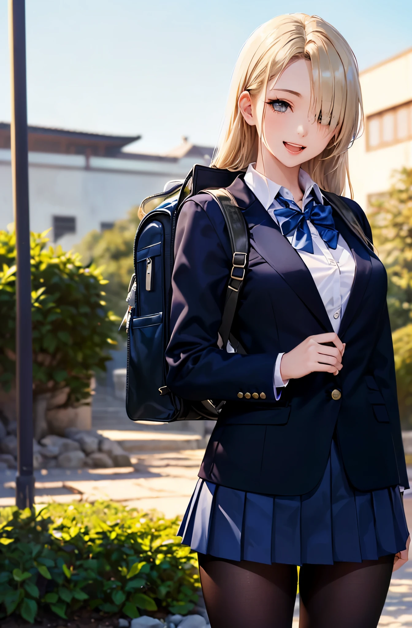 (masterpiece:1.5)、(highest quality:1.5)、(8K:1.2)、(Super detailed:1.2)、(photorealistic:1.2)、(ultra high resolution:1.2)、(Highly detailed and realistic skin:1.2)、(Very detailed and clean sharp eyes:1.2)、(In the Japanese garden of the inn:1.2)、(Beautiful sunshine:1.3)、(Fun pose:1.4)、break、(18 year old woman with slender figure:1.2)、(beautiful eyeliner)、(beautiful eyeshadow)、natural color lip、break、(school white long sleeve shirt:1.4)、break、(Long straight blonde hair that covers one eye:1.2)、break、small beautiful breasts、(navy blue school super miniskirt:1.6)、(navy blue school blazer with closed front:1.4)、break、(black pantyhose:1.5)、(carrying one black sports backpack:1.3)、(slender beautiful legs:1.2)、(open mouth smile:1.2)