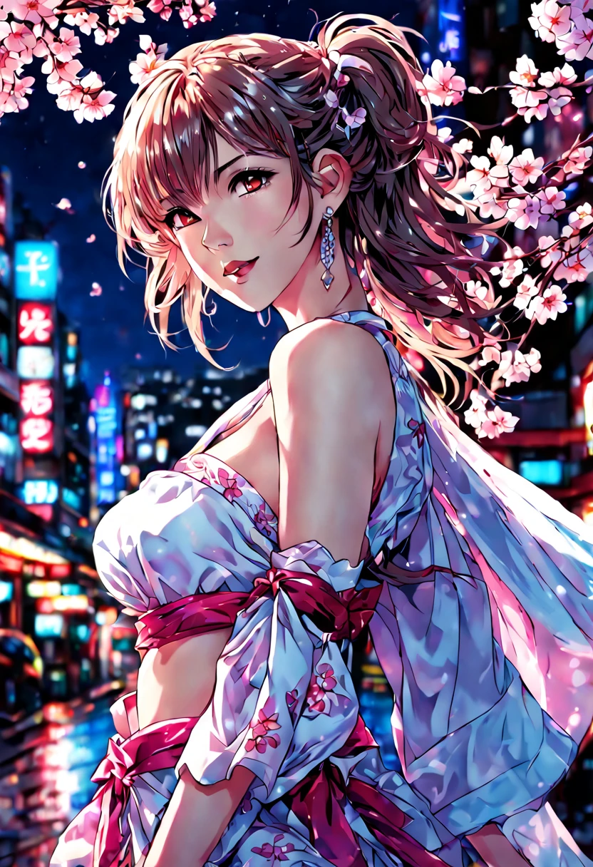 1girl, Magical girl in Tokyo at night, cherry blossoms, neon-lit streets, vibrant colors, dynamic pose, art by CLAMP, (Best quality:1.5, masterpiece:1.5), illustration, disheveled hair, perfect composition, moist skin, intricate details, earrings.