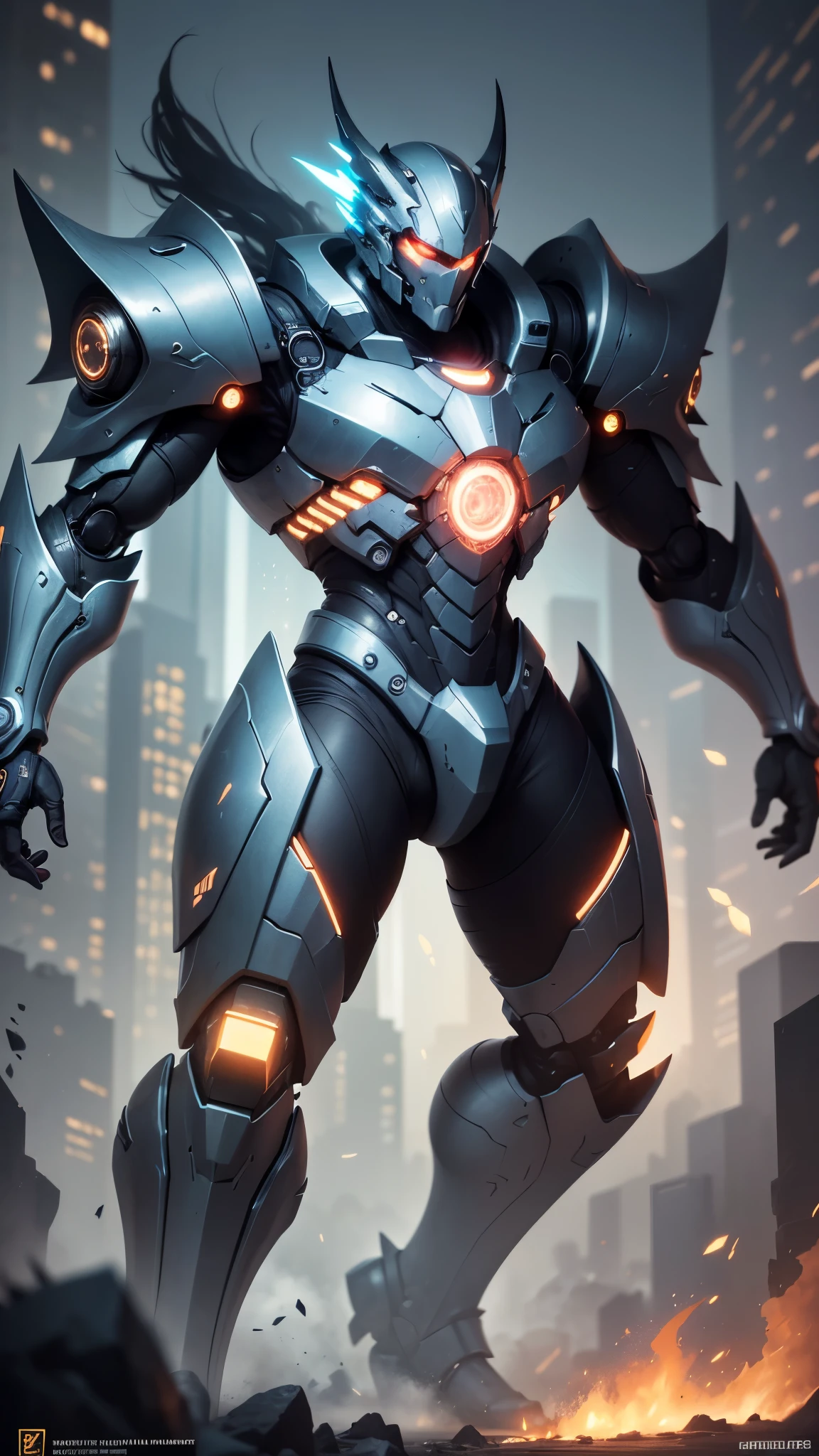 a futuristic robot warrior, metallic and sleek design, glowing LED lights, powerful and intimidating appearance, advanced weapon systems, combat-ready posture, high-tech armor plating, blue and gold color scheme, intricate mechanical details, dynamic action scene, high-quality rendering, ultra-detailed and realistic, professional concept art, vibrant colors and contrast, dramatic lighting effects
