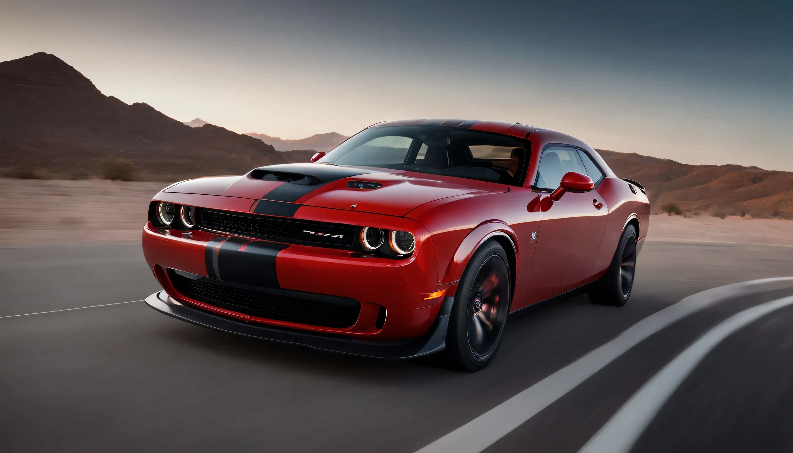 (Best quality,4K,a high resolution,masterpiece:1.2),ultra detailed,(Realistic,photoRealistic,photo-Realistic:1.37),Detailed Dodge Challenger Hellcat car,bright details,glowing headlights,reflective paint,Smooth Lines,Aggressive stance,Sleek design,Night Road,Flickering Street Lights,Gloomy surroundings,Threatening atmosphere,Spectacular setting,Dark sky,Lunar clouds,Intense Speed,Elegant movement,Exhilarating experience,racing spirit,high performance,bright colors,Deep Black,Metallic luster,shiny chrome,ferocious facial expression,high performance car,Futuristic aesthetics,emphasized muscular body,breathtaking presence,Demonstration of power and strength,energetic visual impact,Impressive craftsmanship,engine roar,A hint of mystery.