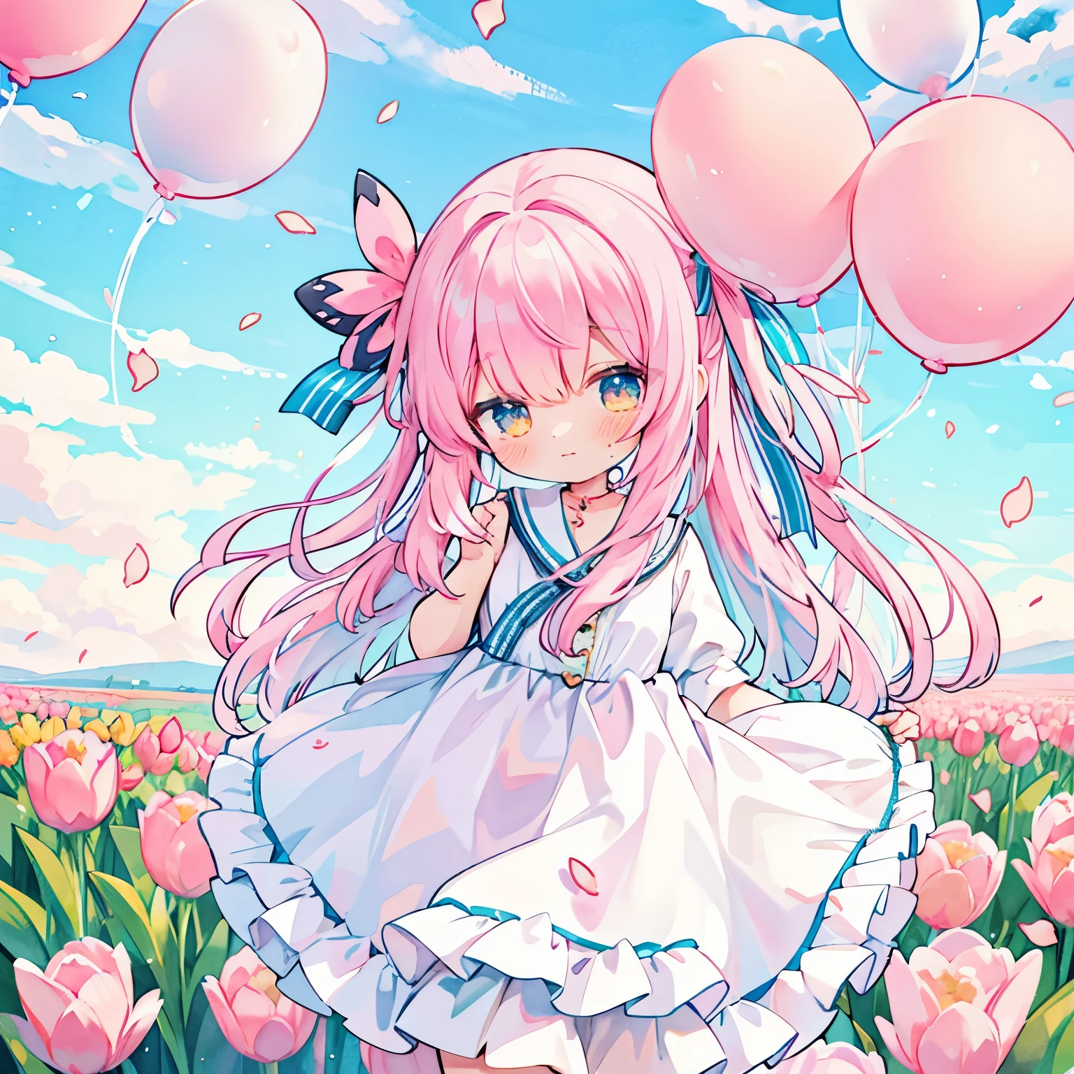 Watercolor style illustrations, hair ribbons, tulips, tulips and girls, dreams, pastel colors, cute, fantastic, cute girl with fluttering petals, pink image and pink hair