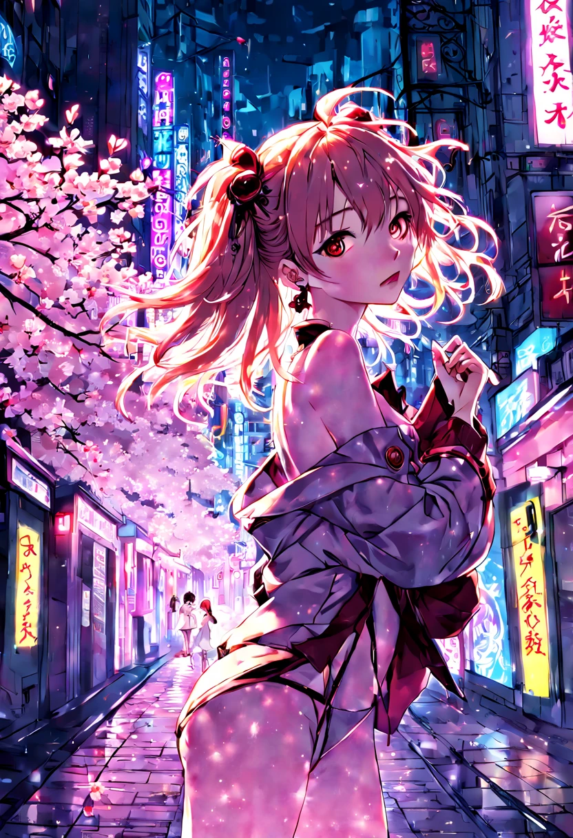 1girl, Magical girl in Tokyo at night, cherry blossoms, neon-lit streets, vibrant colors, dynamic pose, art by CLAMP, (Best quality:1.5, masterpiece:1.5), illustration, disheveled hair, perfect composition, moist skin, intricate details, earrings.