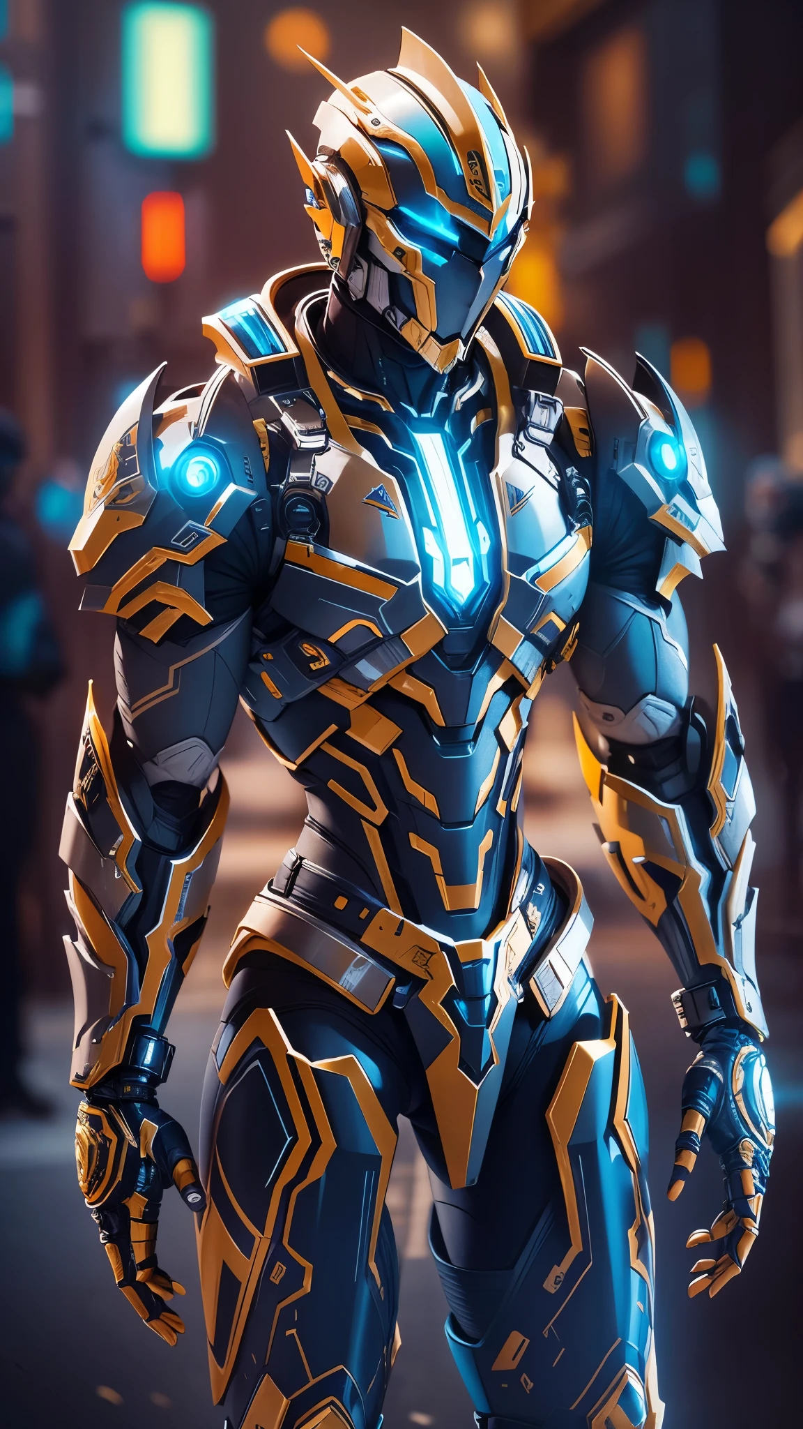 a futuristic robot warrior, metallic and sleek design, glowing LED lights, powerful and intimidating appearance, advanced weapon systems, combat-ready posture, high-tech armor plating, blue and gold color scheme, intricate mechanical details, dynamic action scene, high-quality rendering, ultra-detailed and realistic, professional concept art, vibrant colors and contrast, dramatic lighting effects