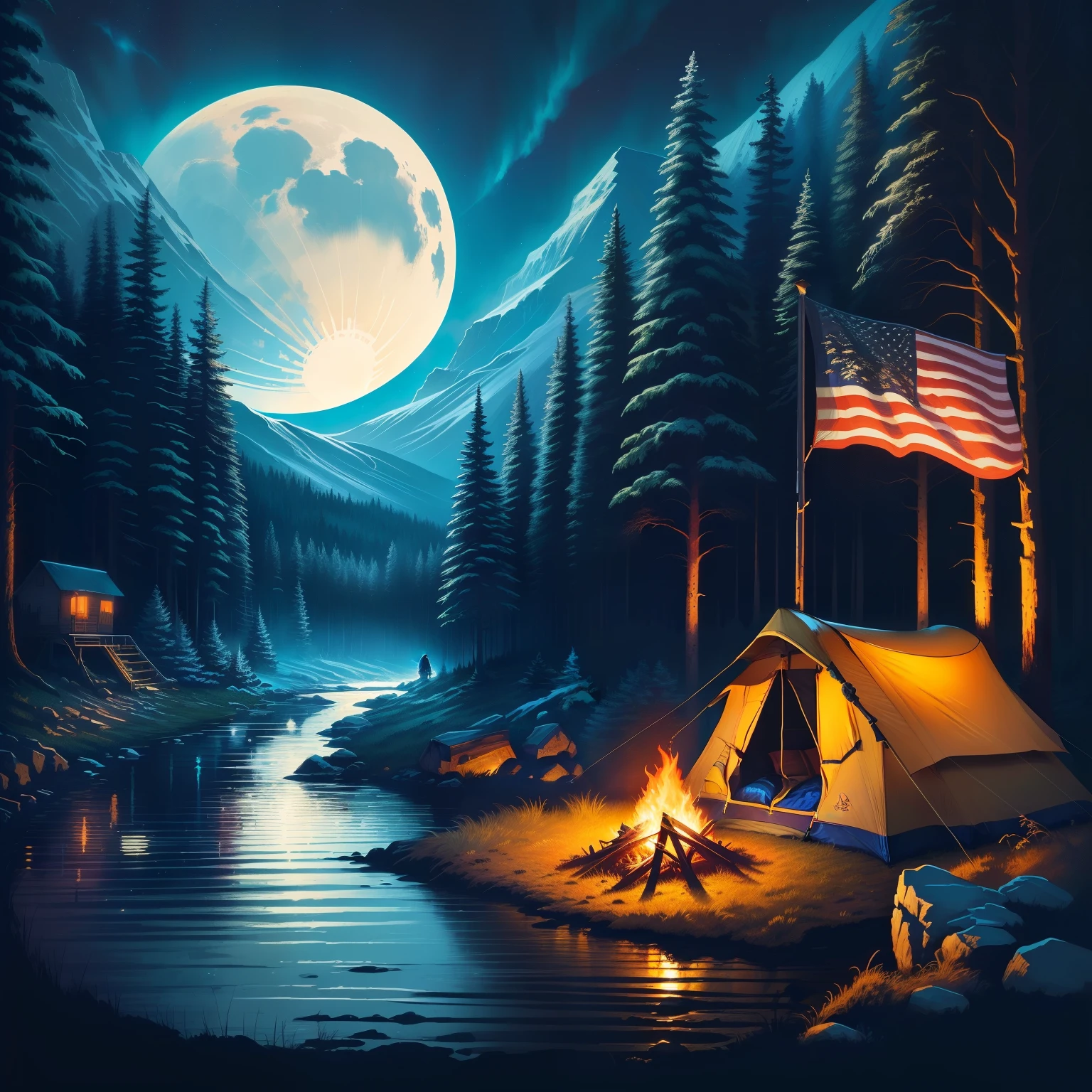 a painting of a campfire and a tent in the woods, painting by dan mumford, dan mumford paint, quiet forest night scene, nighttime nature landscape, calm night. digital illustration, stary night painting, night time scene, in the style dan mumford artwork, ( ( ( ( ( dan mumford ) ) ) ) ), dan mumford and albert bierstadt, by Dan Mumford