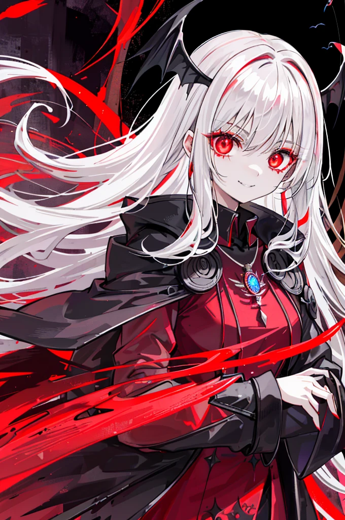1 girl, (scary), Angel, Gorchos, (red aura), dark, glowing eyes, red eyes, Angel wings, luminous pendant, holy, Sensual, black coat, feather, confident, Smile, expressive eyes, round eyes, Comparison of, shadow, masterpiece, The art of mathematics, glowing eyes, intimidating, damaged, satanic, red moon, Abstract, Feelings