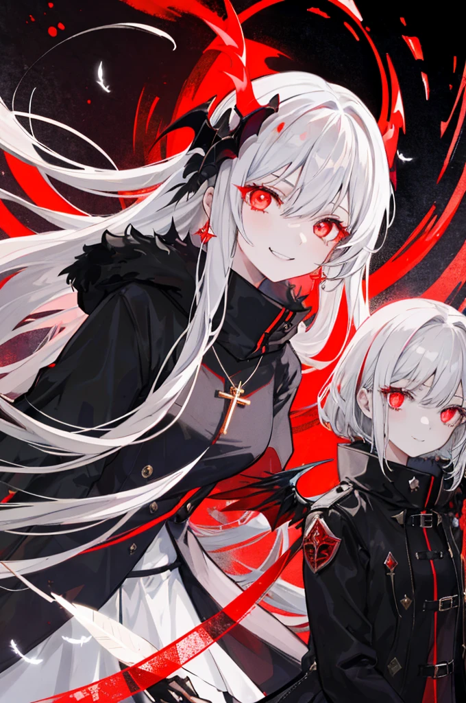1 girl, (scary), Angel, Gorchos, (red aura), dark, glowing eyes, red eyes, Angel wings, luminous pendant, holy, Sensual, black coat, feather, confident, Smile, expressive eyes, round eyes, Comparison of, shadow, masterpiece, The art of mathematics, glowing eyes, intimidating, damaged, satanic, red moon, Abstract, Feelings