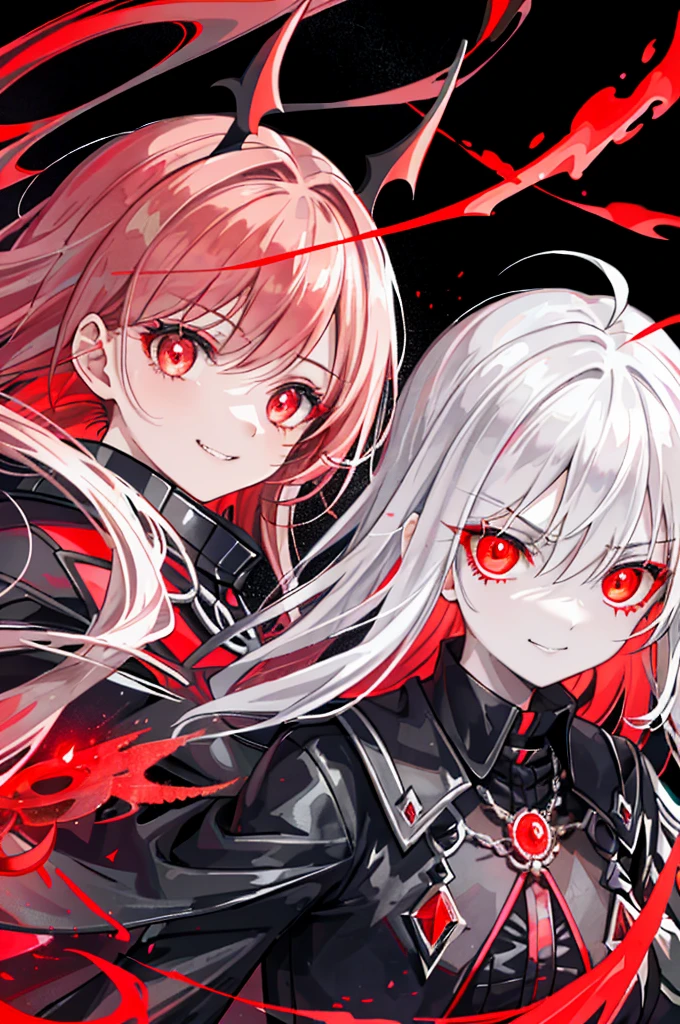 1 girl, (scary), Angel, Gorchos, (red aura), dark, glowing eyes, red eyes, Angel wings, luminous pendant, holy, Sensual, black coat, feather, confident, Smile, expressive eyes, round eyes, Comparison of, shadow, masterpiece, The art of mathematics, glowing eyes, intimidating, damaged, satanic, red moon, Abstract, Feelings